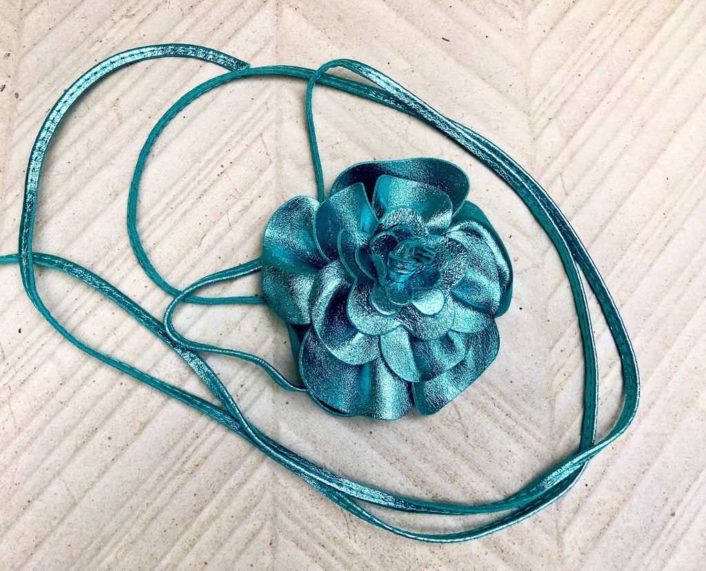 Flower leather belt in metallic turquoise BLUE. Waist, overall or dress belt. Genuine leather. Light blue flower belt.