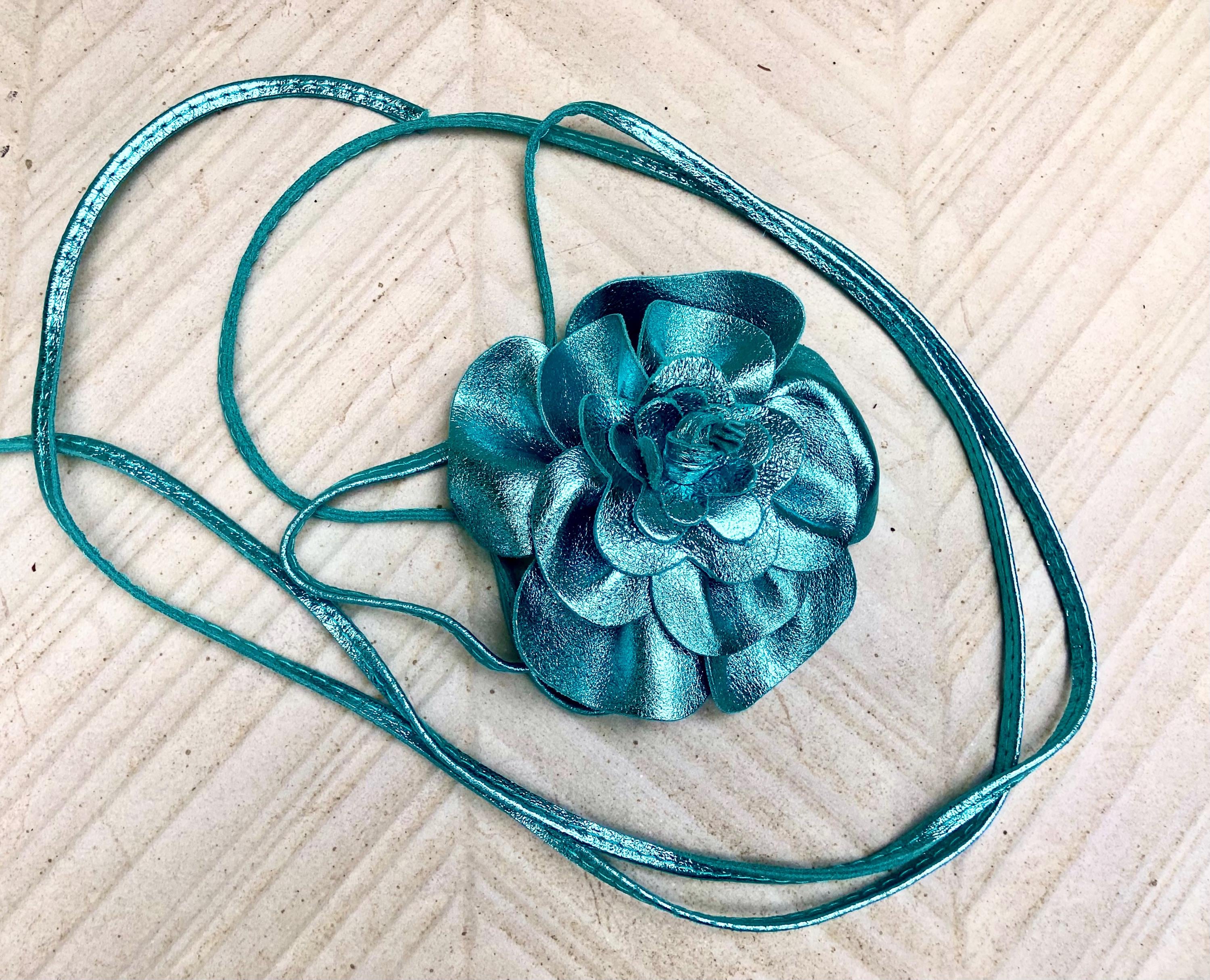 Flower leather belt in metallic turquoise BLUE. Waist, overall or dress belt. Genuine leather. Light blue flower belt.