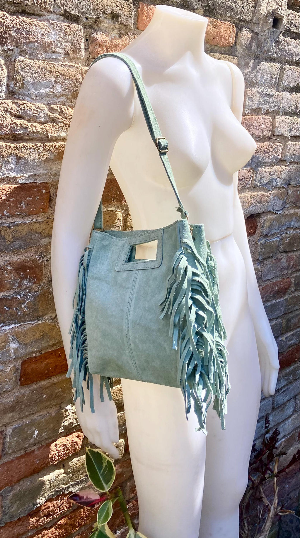 Sage green crossbody fringed bag. BOHO suede leather bag with FRINGES. Light green genuine suede leather. Mint green suede purse.
