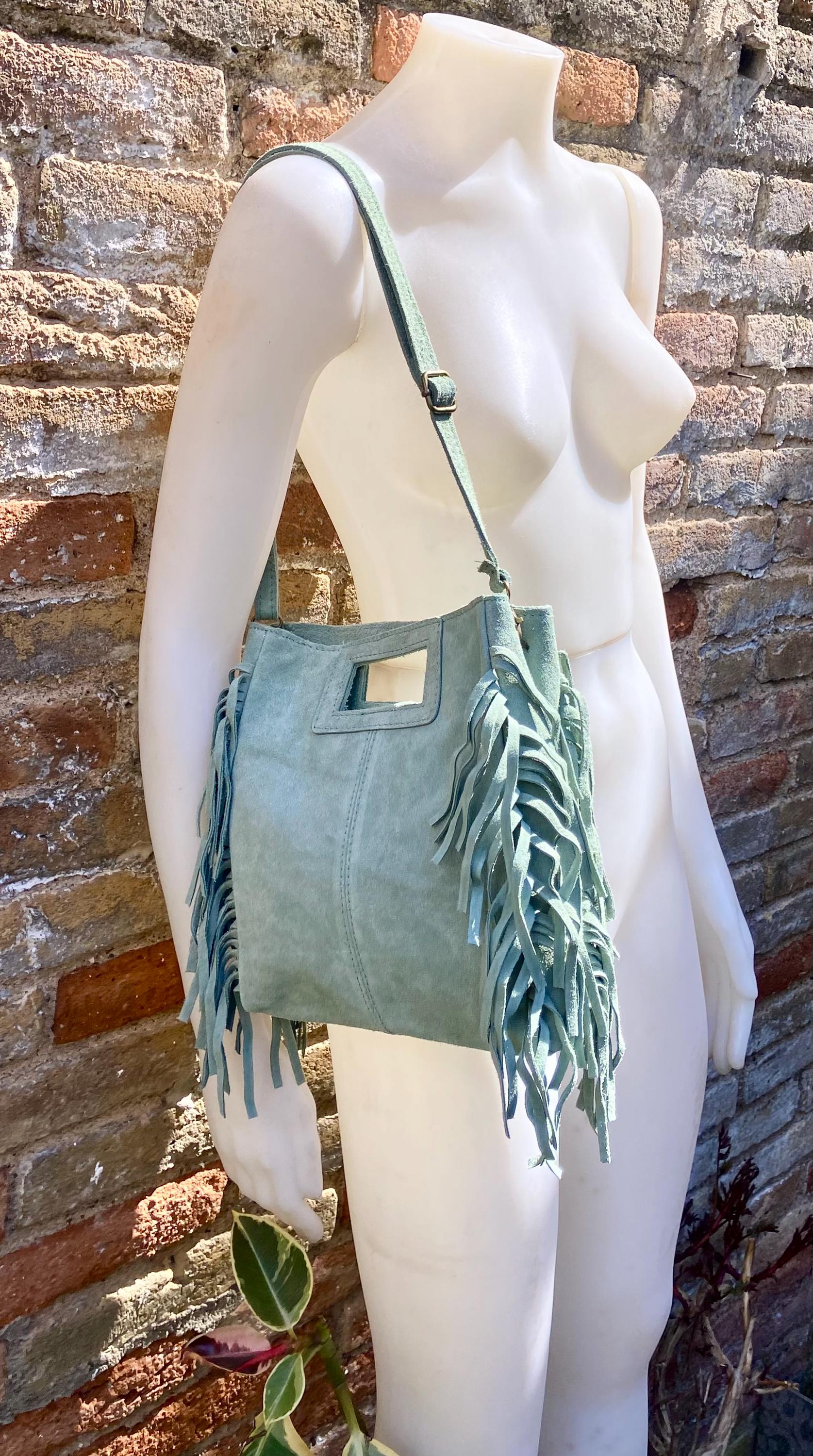 Sage green crossbody fringed bag. BOHO suede leather bag with FRINGES. Light green genuine suede leather. Mint green suede purse.