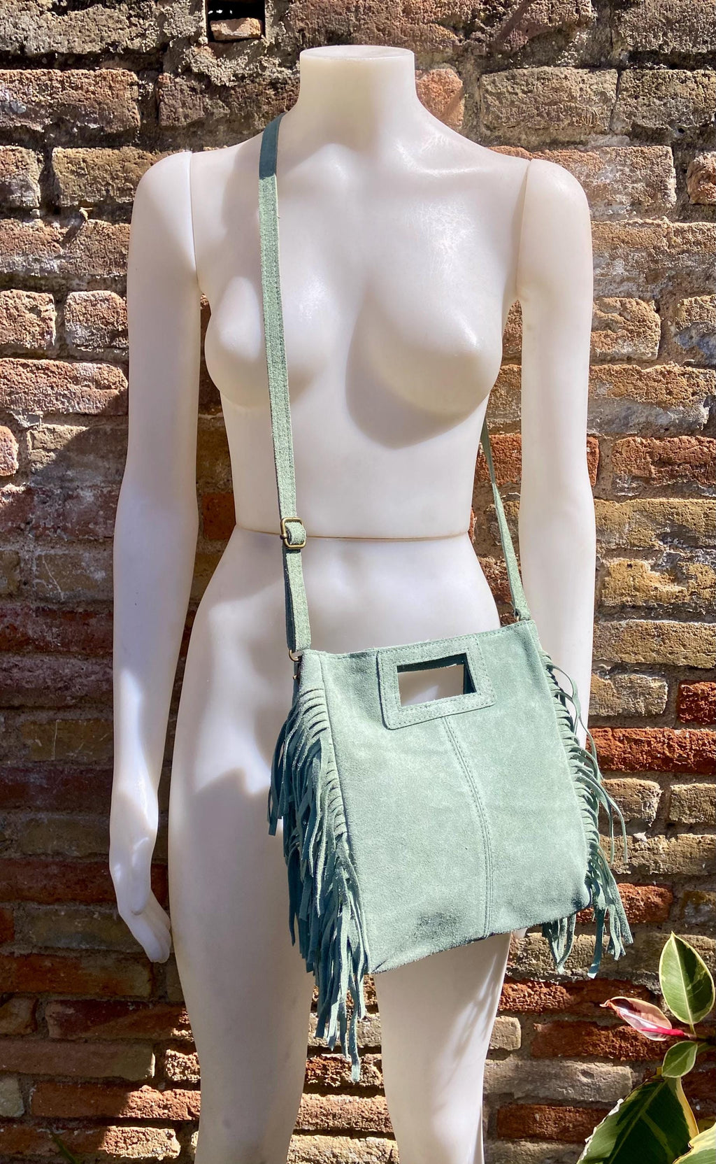Sage green crossbody fringed bag. BOHO suede leather bag with FRINGES. Light green genuine suede leather. Mint green suede purse.