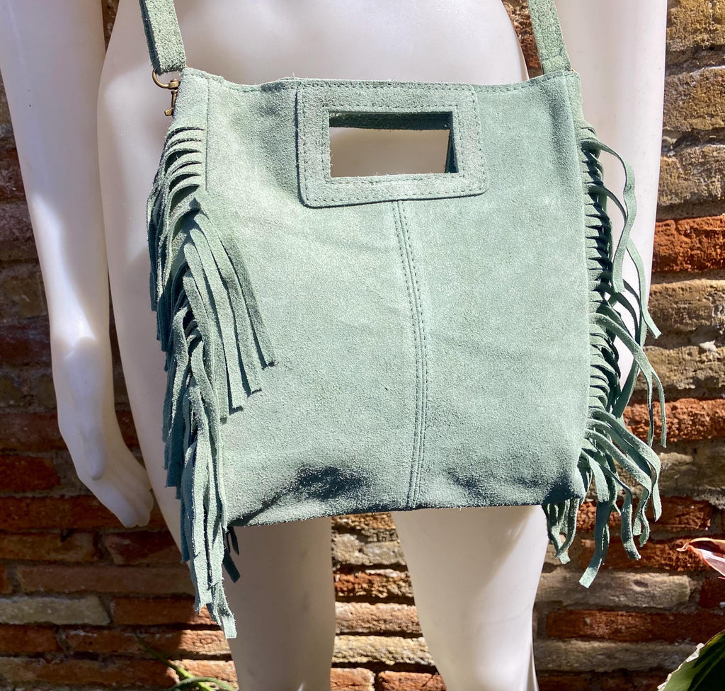 Sage green crossbody fringed bag. BOHO suede leather bag with FRINGES. Light green genuine suede leather. Mint green suede purse.
