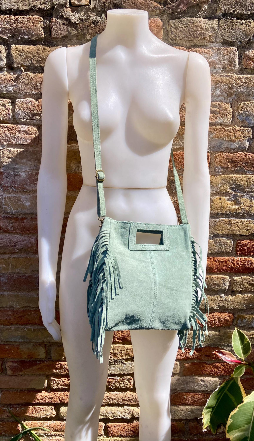 Sage green crossbody fringed bag. BOHO suede leather bag with FRINGES. Light green genuine suede leather. Mint green suede purse.