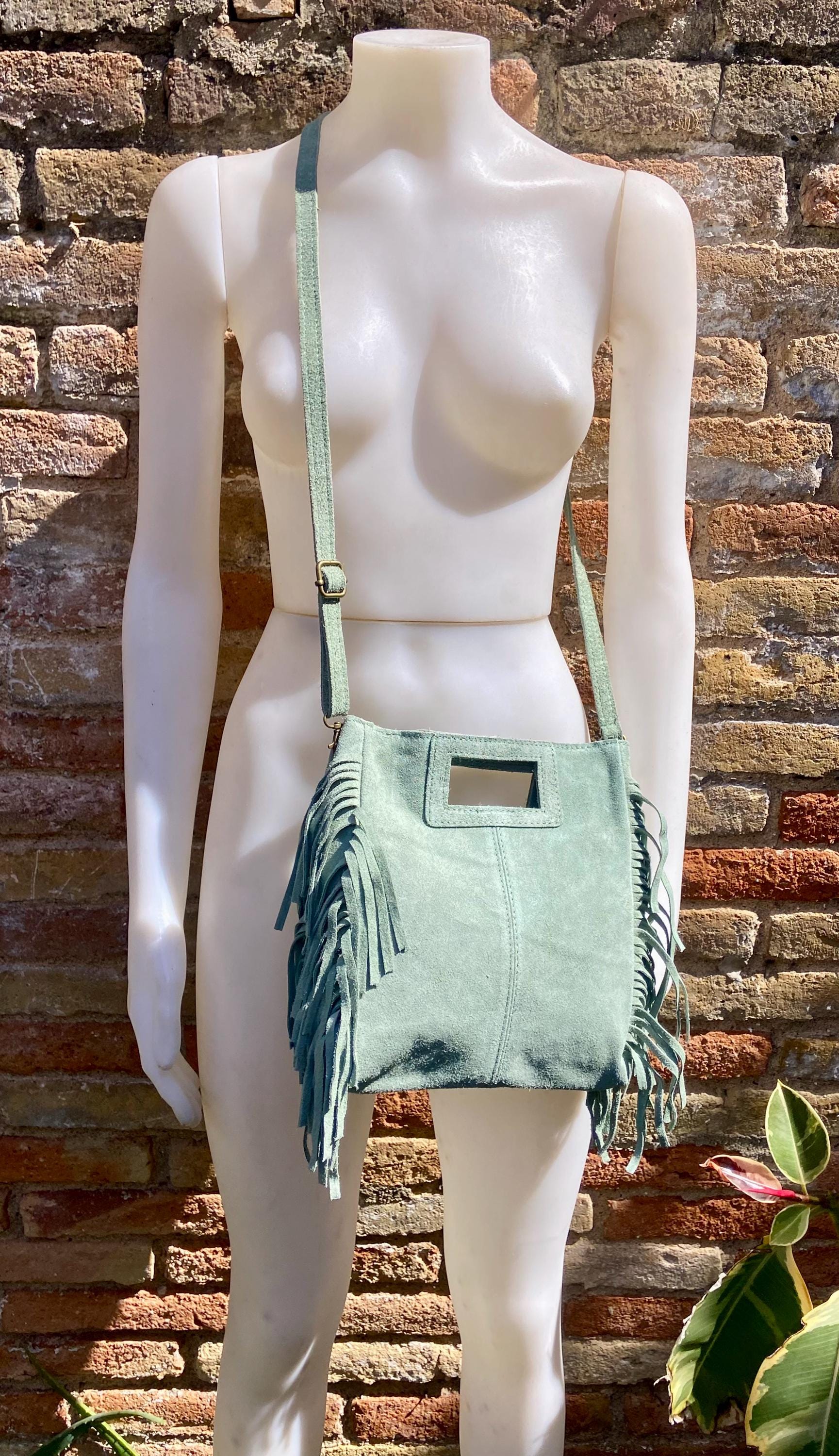 Sage green crossbody fringed bag. BOHO suede leather bag with FRINGES. Light green genuine suede leather. Mint green suede purse.