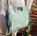 Sage green crossbody fringed bag. BOHO suede leather bag with FRINGES. Light green genuine suede leather. Mint green suede purse.