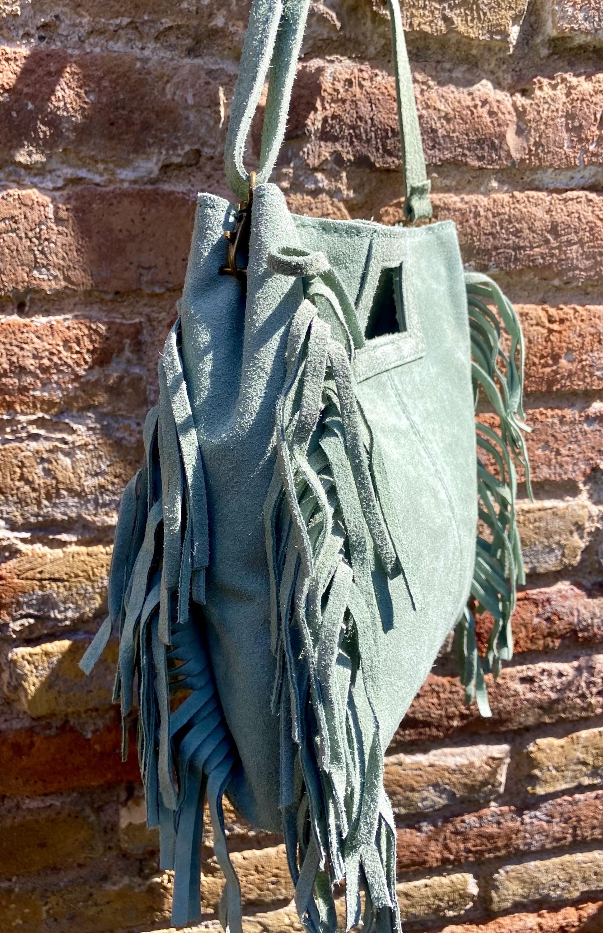Sage green crossbody fringed bag. BOHO suede leather bag with FRINGES. Light green genuine suede leather. Mint green suede purse.