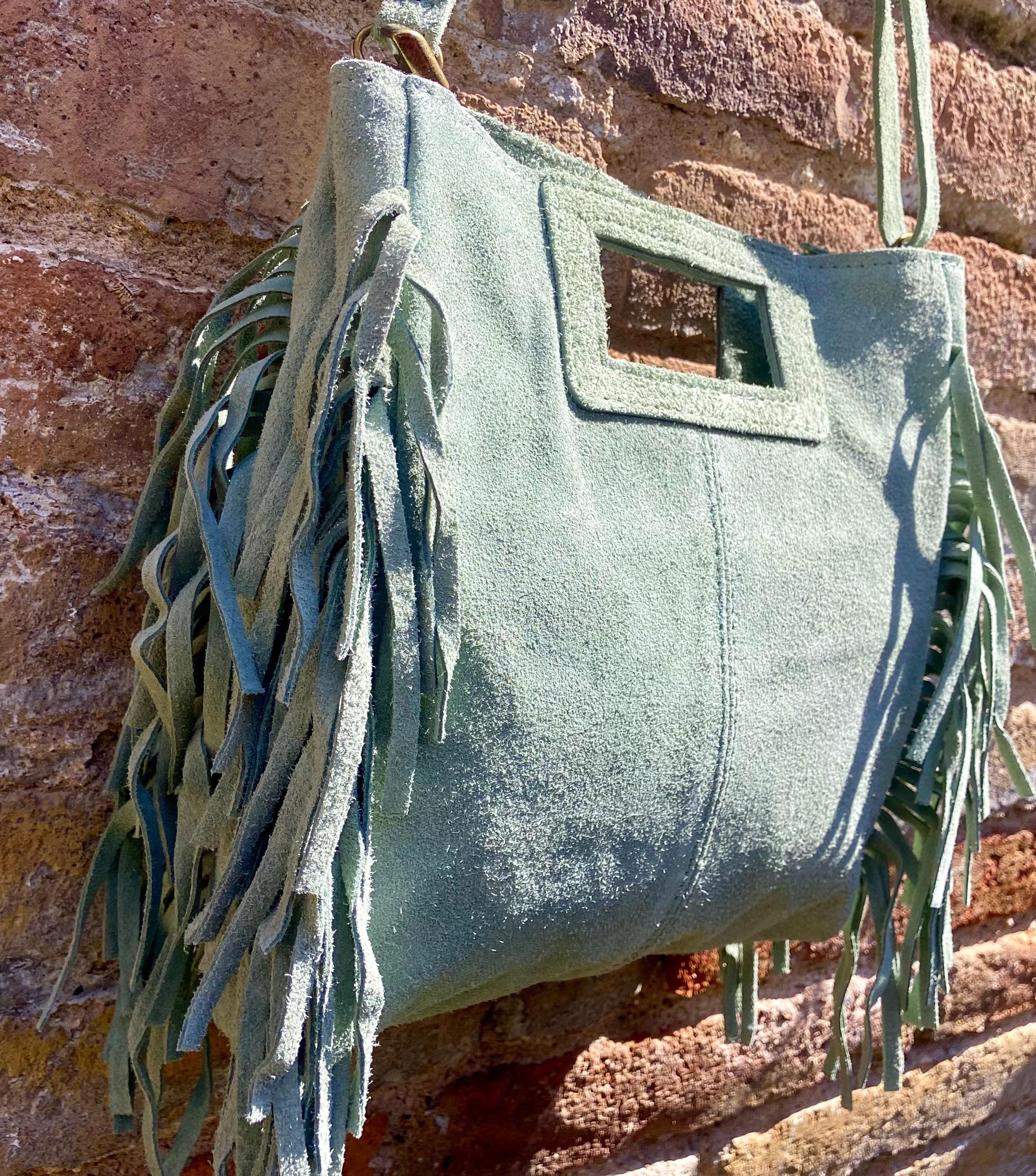 Sage green crossbody fringed bag. BOHO suede leather bag with FRINGES. Light green genuine suede leather. Mint green suede purse.