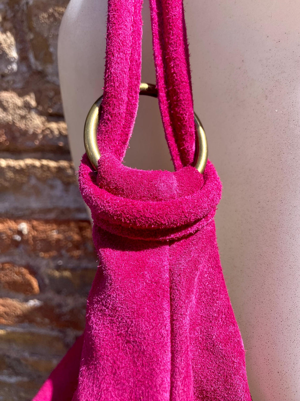 Hot PINK suede slouchy bag with ZIPPER + lining. Soft natural suede shopper, genuine leather bag. Fuchsia suede purse . Hobo suede bag