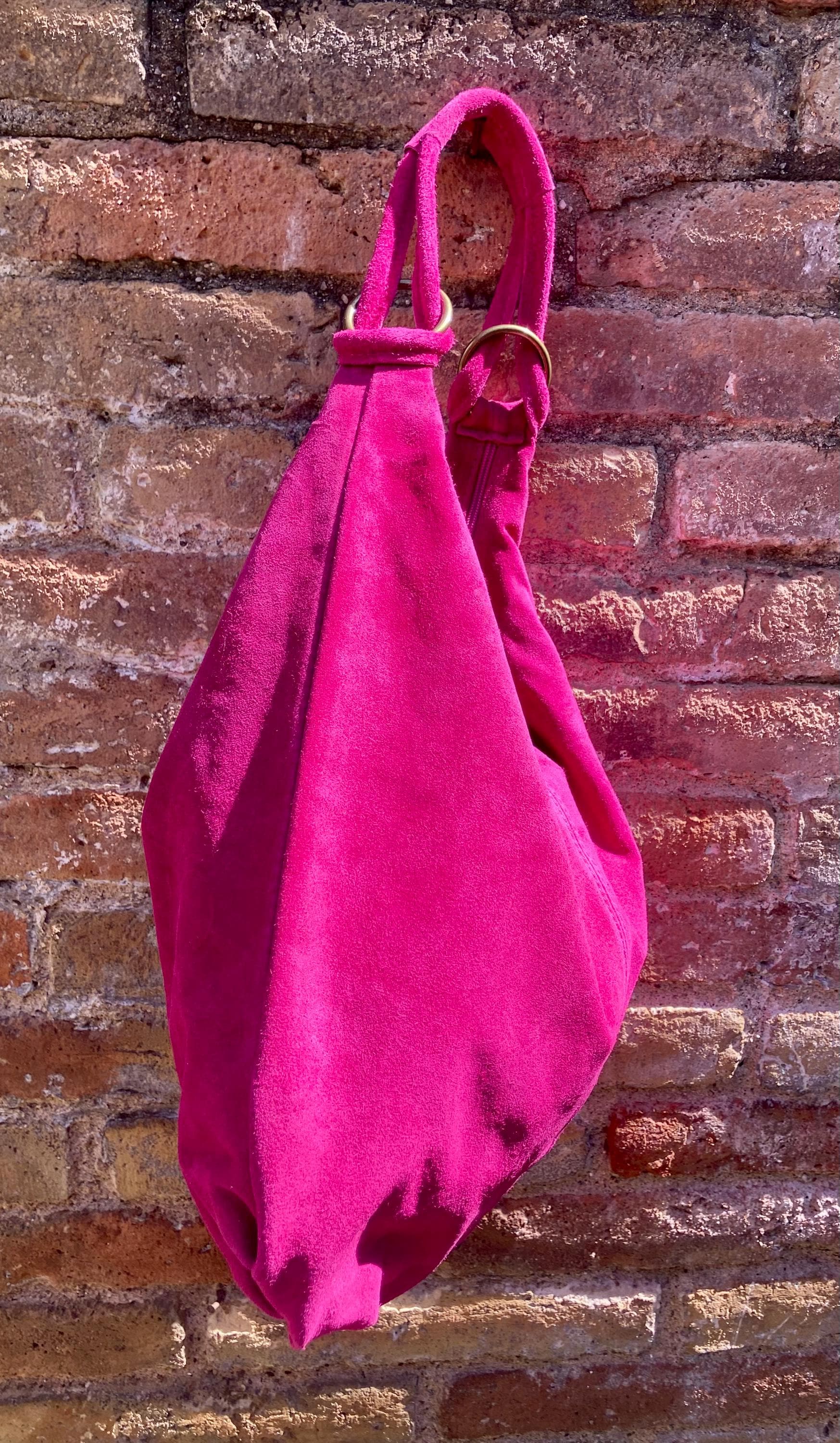 Hot PINK suede slouchy bag with ZIPPER + lining. Soft natural suede shopper, genuine leather bag. Fuchsia suede purse . Hobo suede bag