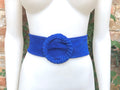 Royal blue suede waist belt with large round buckle. Boho soft suede belt in cobalt blue. Genuine natural deep blue suede leather