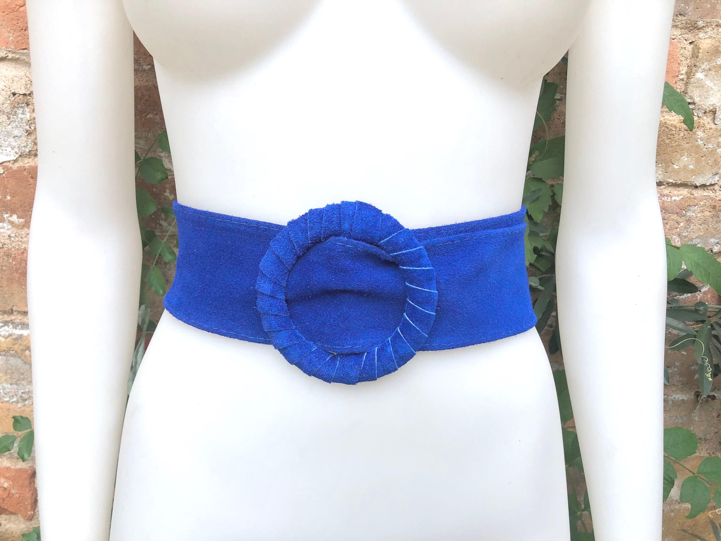 Royal blue suede waist belt with large round buckle. Boho soft suede belt in cobalt blue. Genuine natural deep blue suede leather