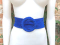 Royal blue suede waist belt with large round buckle. Boho soft suede belt in cobalt blue. Genuine natural deep blue suede leather