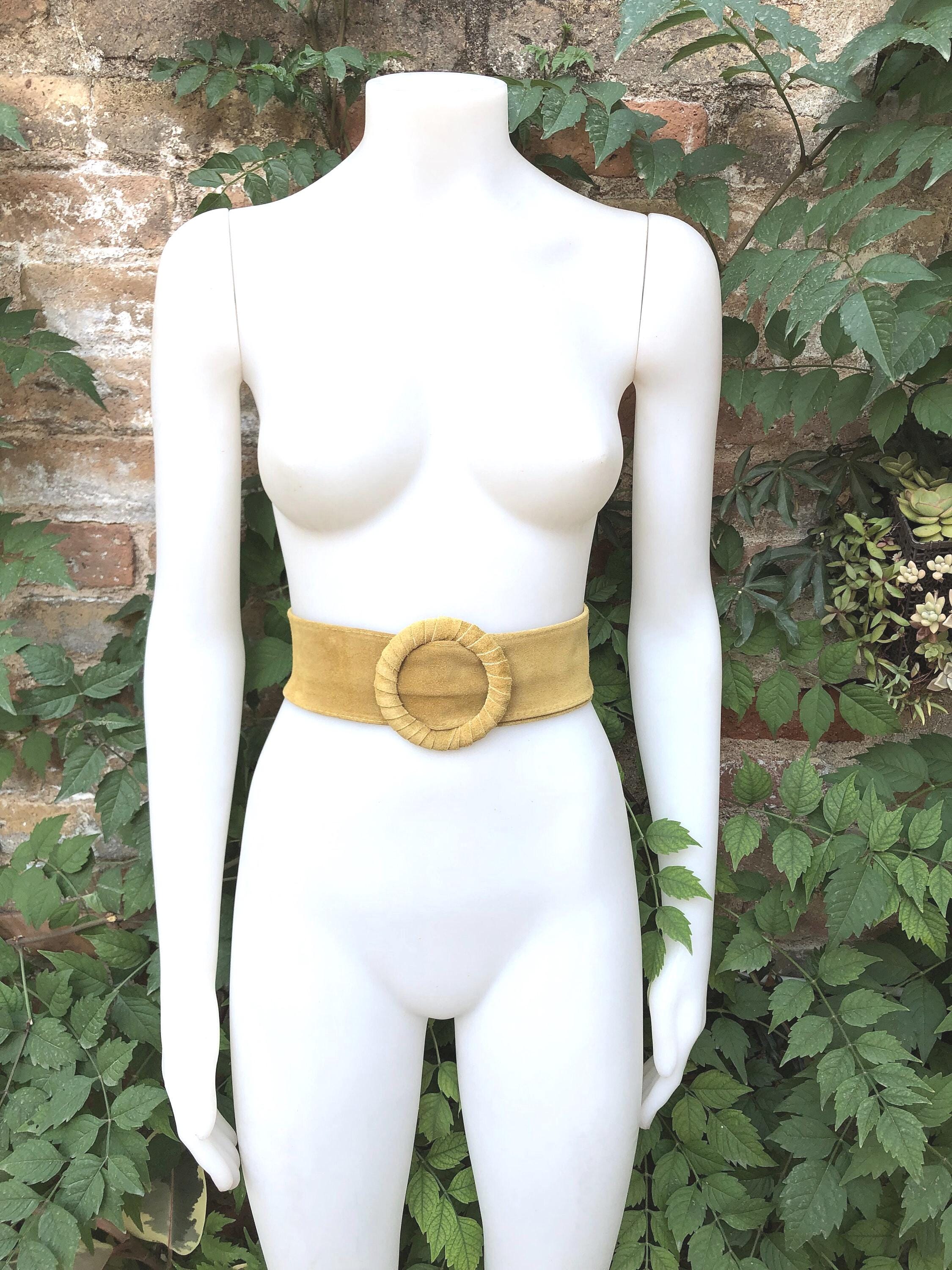 Yellow suede waist belt with large round buckle. Soft suede dress belt in mustard yellow. Boho wide suede belt.Genuine natural suede leather