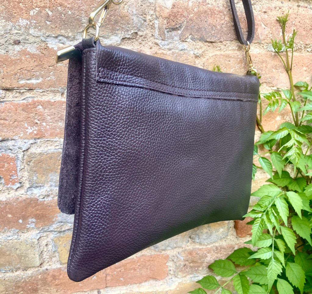 DARK BROWN crossbody / shoulder leather bag. Chocolate brown soft genuine leather. Boho crossover, messenger bag. Brown leather purse.
