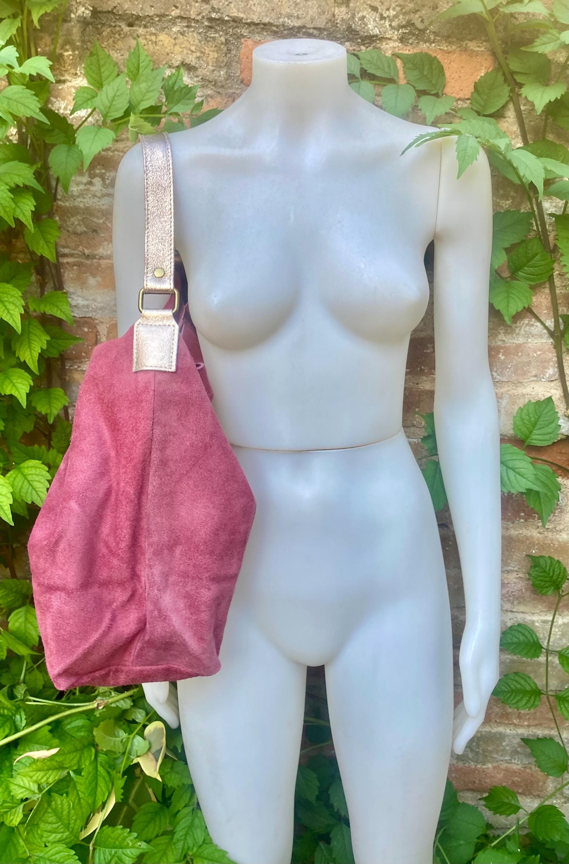 Raspberry PINK slouch suede bag, wide GOLD leather strap. Soft genuine suede leather shopper / hobo bag. Pink suede purse