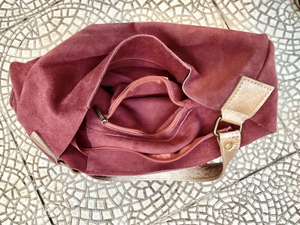 Raspberry PINK slouch suede bag, wide GOLD leather strap. Soft genuine suede leather shopper / hobo bag. Pink suede purse