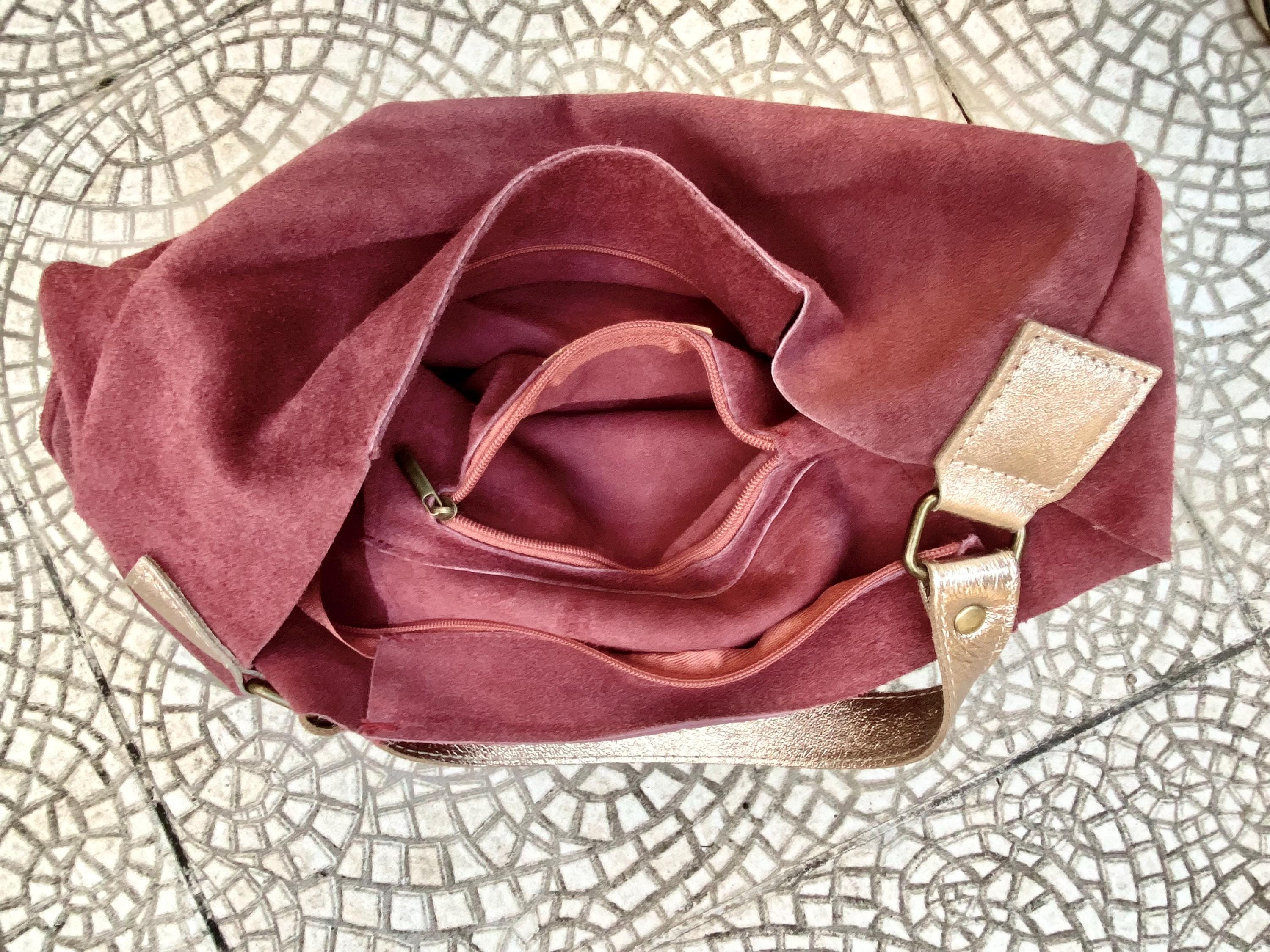 Raspberry PINK slouch suede bag, wide GOLD leather strap. Soft genuine suede leather shopper / hobo bag. Pink suede purse