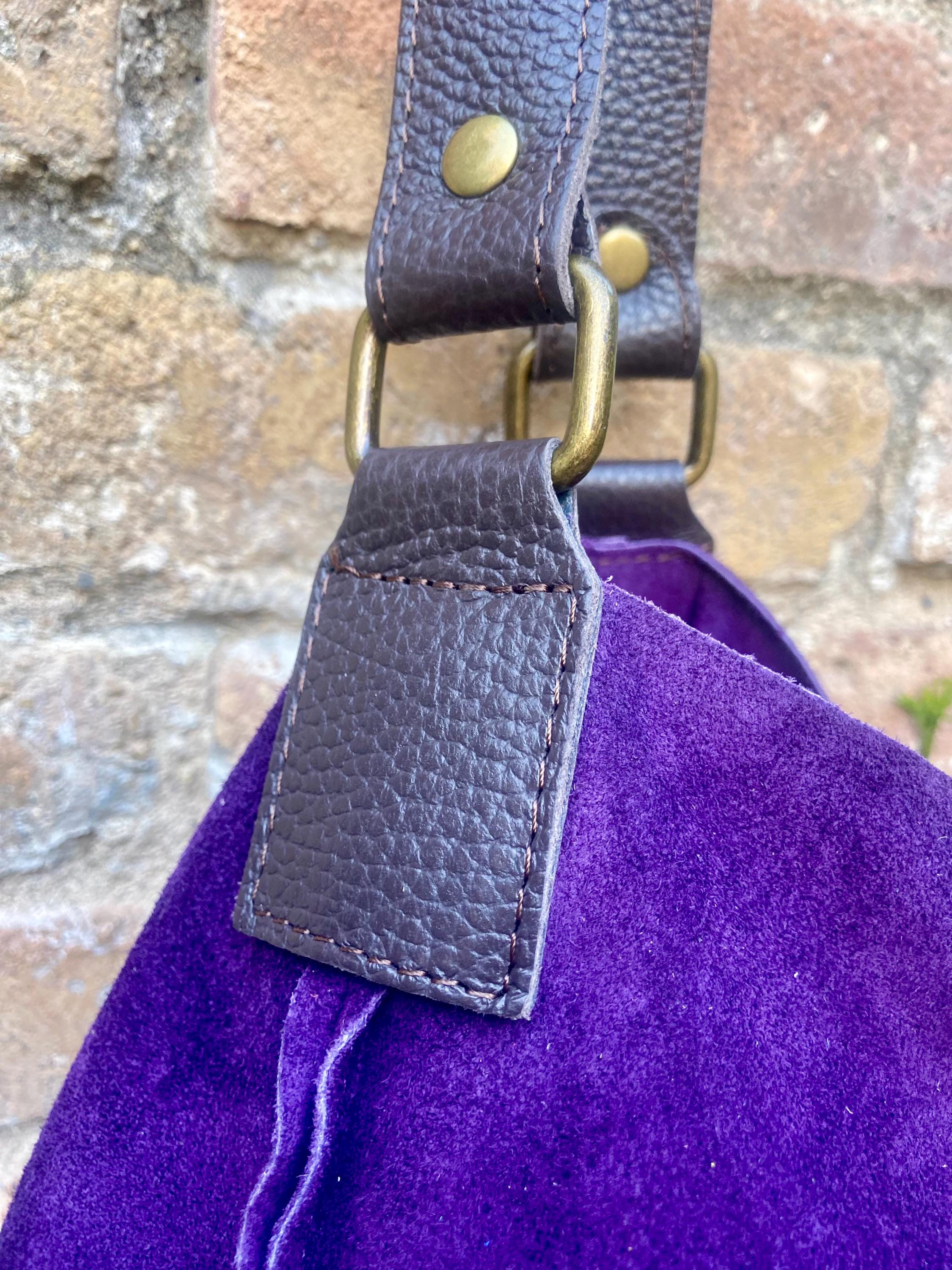 PURPLE slouch suede bag, wide BROWN leather strap. Soft genuine suede leather shopper / hobo bag. Purple suede purse