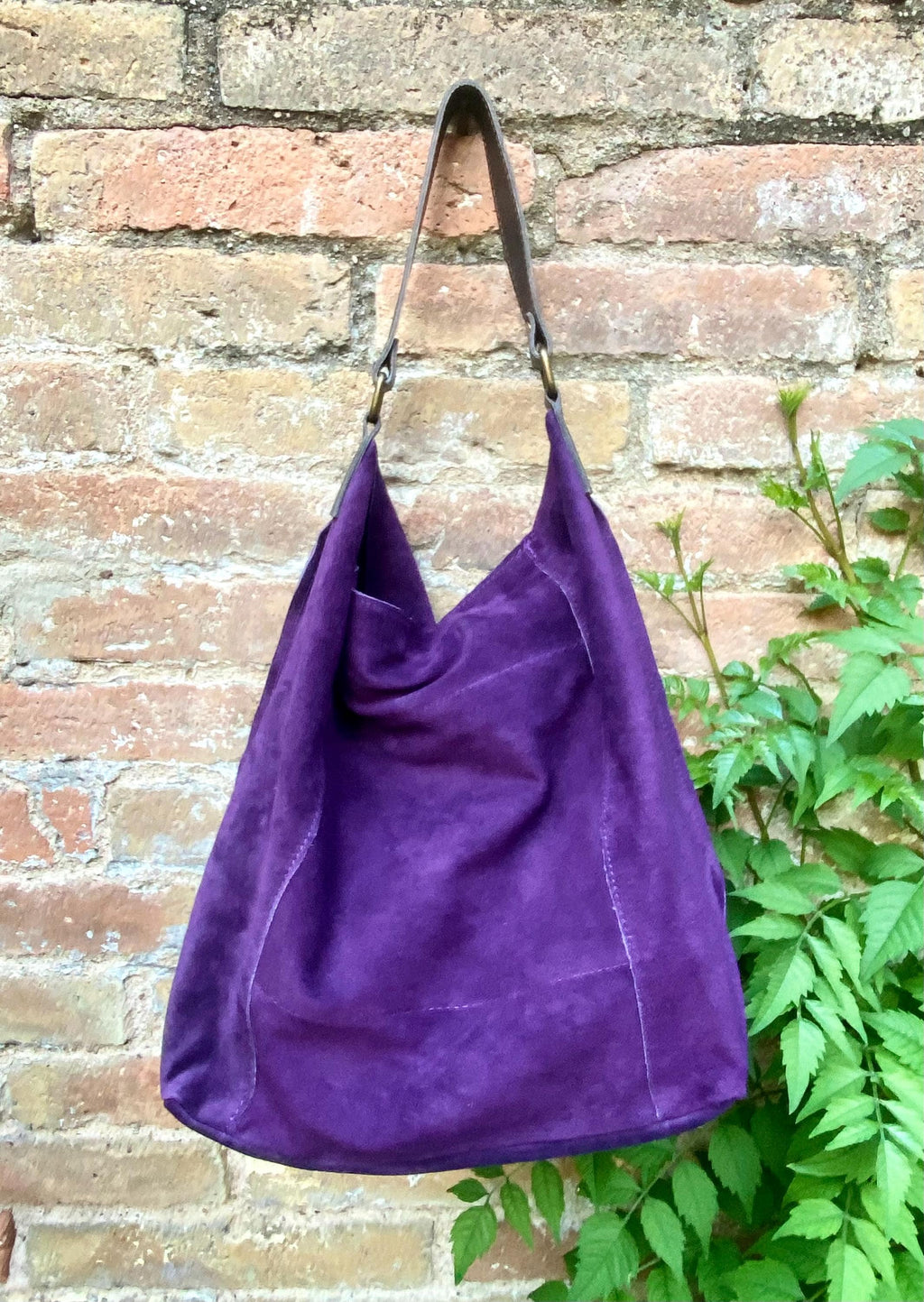 PURPLE slouch suede bag, wide BROWN leather strap. Soft genuine suede leather shopper / hobo bag. Purple suede purse
