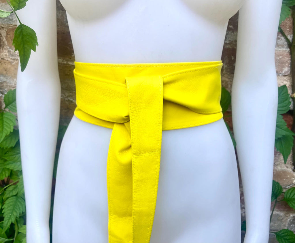 Bright yellow obi belt. Wrap belt in soft genuine leather. Wraparound waist belt. Wide style. Boho dress belt in canary yellow