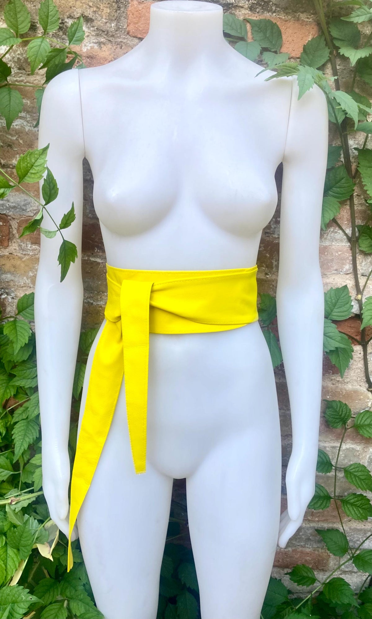 Bright yellow obi belt. Wrap belt in soft genuine leather. Wraparound waist belt. Wide style. Boho dress belt in canary yellow