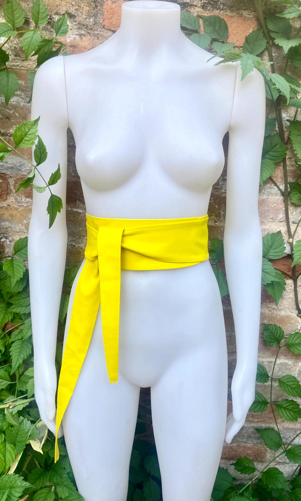 Bright yellow obi belt. Wrap belt in soft genuine leather. Wraparound waist belt. Wide style. Boho dress belt in canary yellow