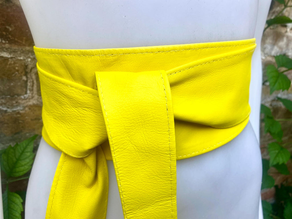 Bright yellow obi belt. Wrap belt in soft genuine leather. Wraparound waist belt. Wide style. Boho dress belt in canary yellow
