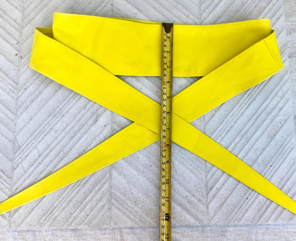 Bright yellow obi belt. Wrap belt in soft genuine leather. Wraparound waist belt. Wide style. Boho dress belt in canary yellow