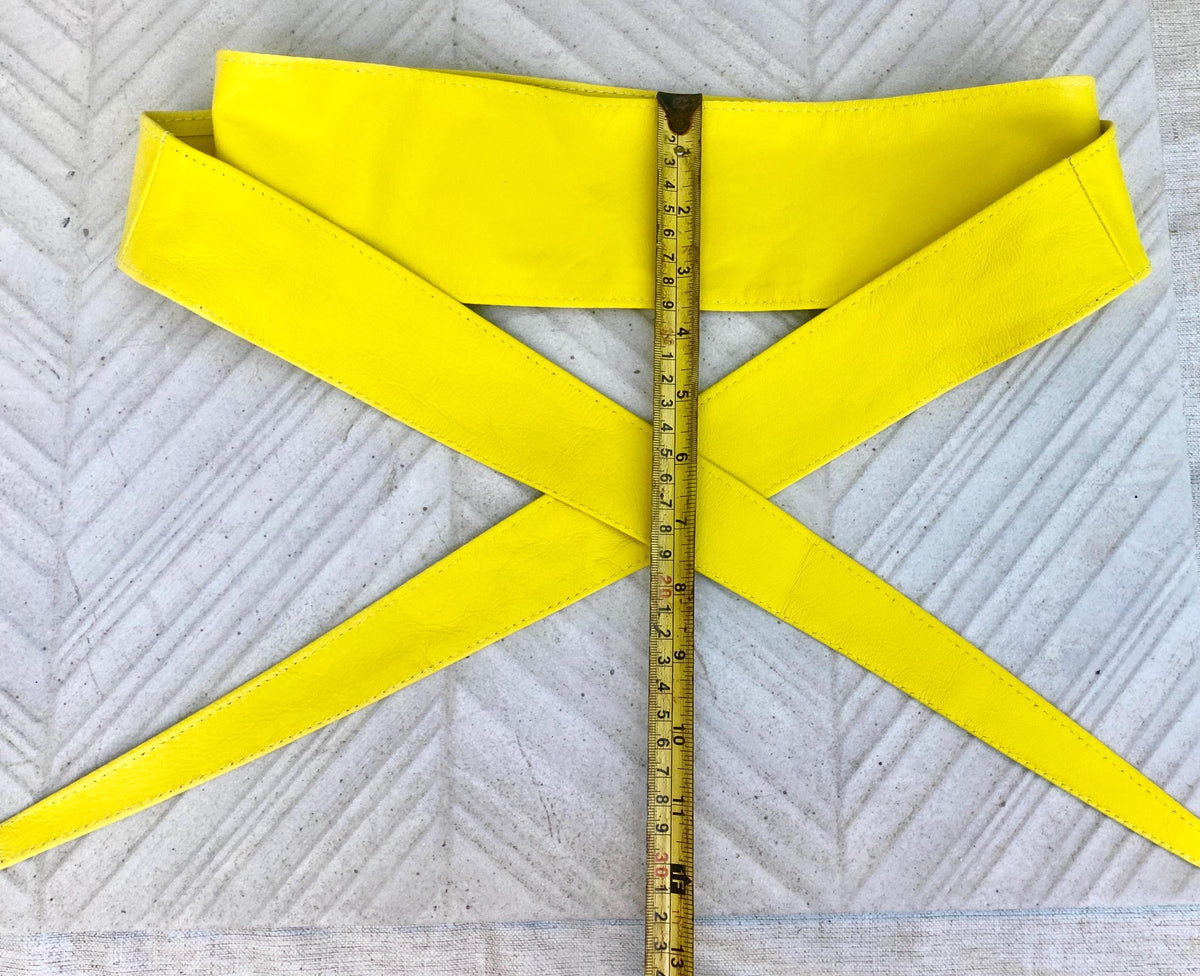 Bright yellow obi belt. Wrap belt in soft genuine leather. Wraparound waist belt. Wide style. Boho dress belt in canary yellow