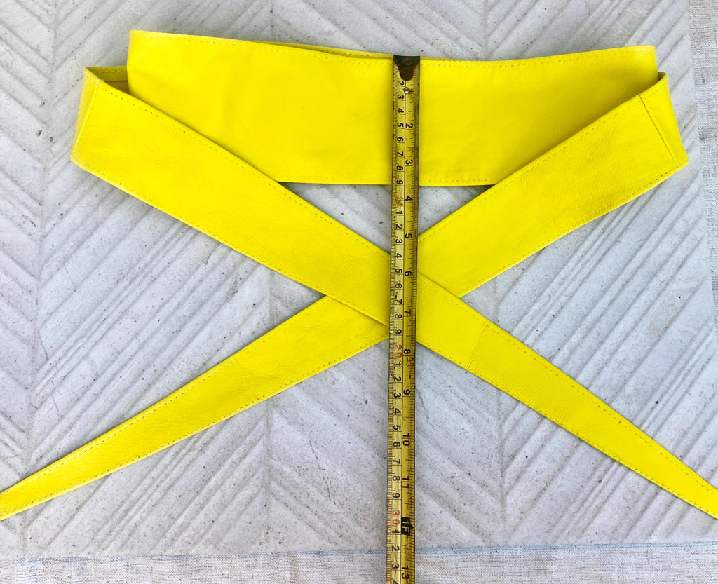 Bright yellow obi belt. Wrap belt in soft genuine leather. Wraparound waist belt. Wide style. Boho dress belt in canary yellow