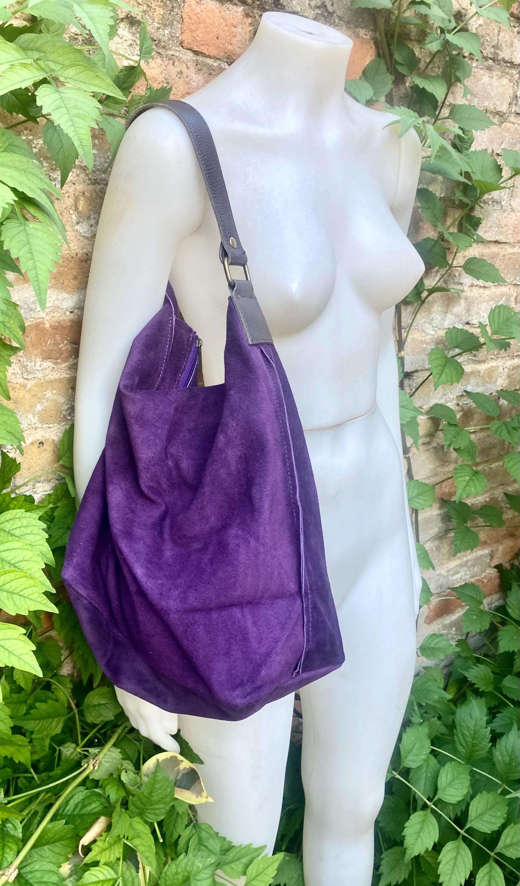 PURPLE slouch suede bag, wide BROWN leather strap. Soft genuine suede leather shopper / hobo bag. Purple suede purse