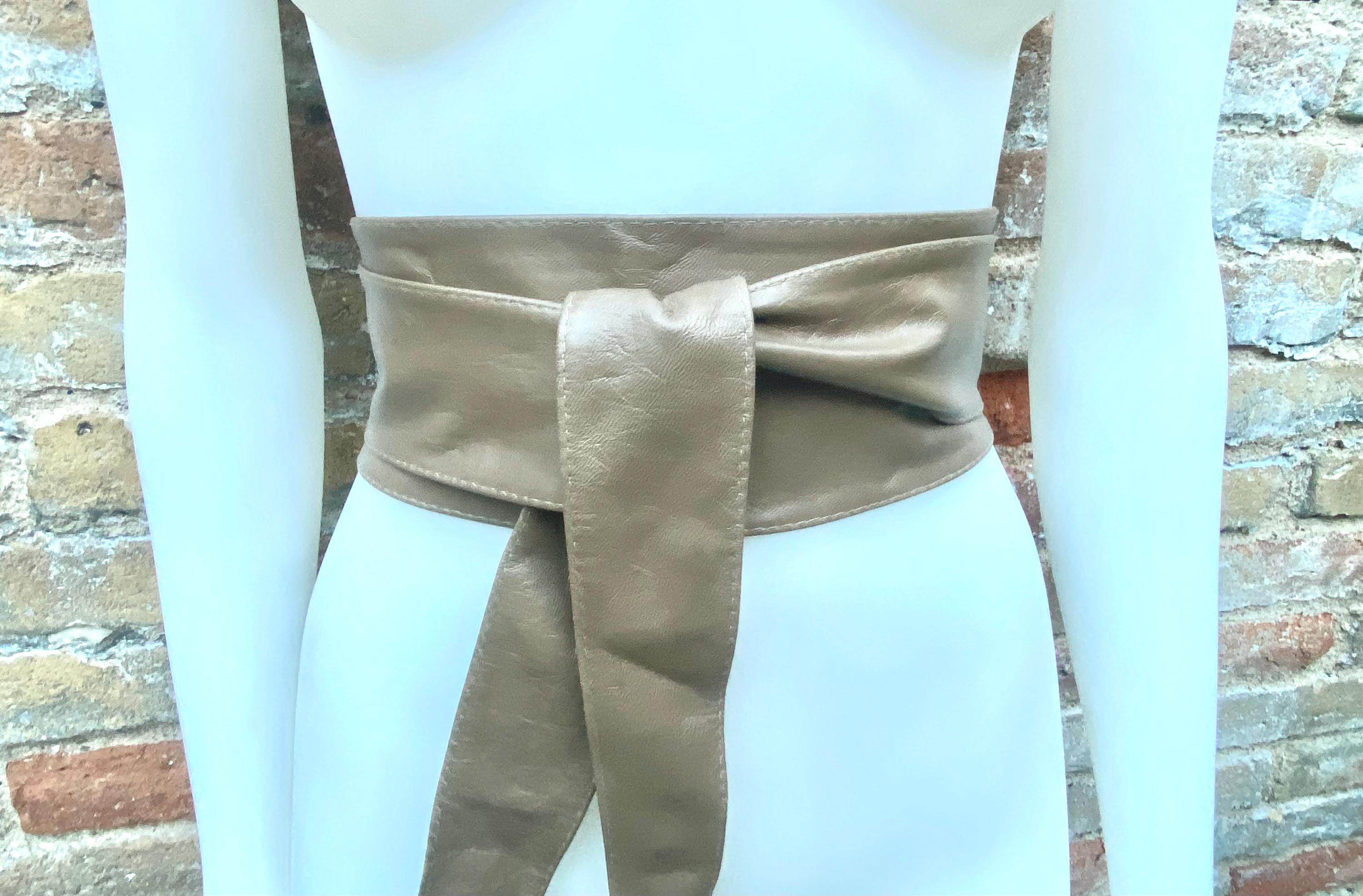 Light KHAKI brown obi belt. Wrap belt in soft genuine leather. Wraparound waist belt. Wide style. Boho wide dress belt in light taupe brown