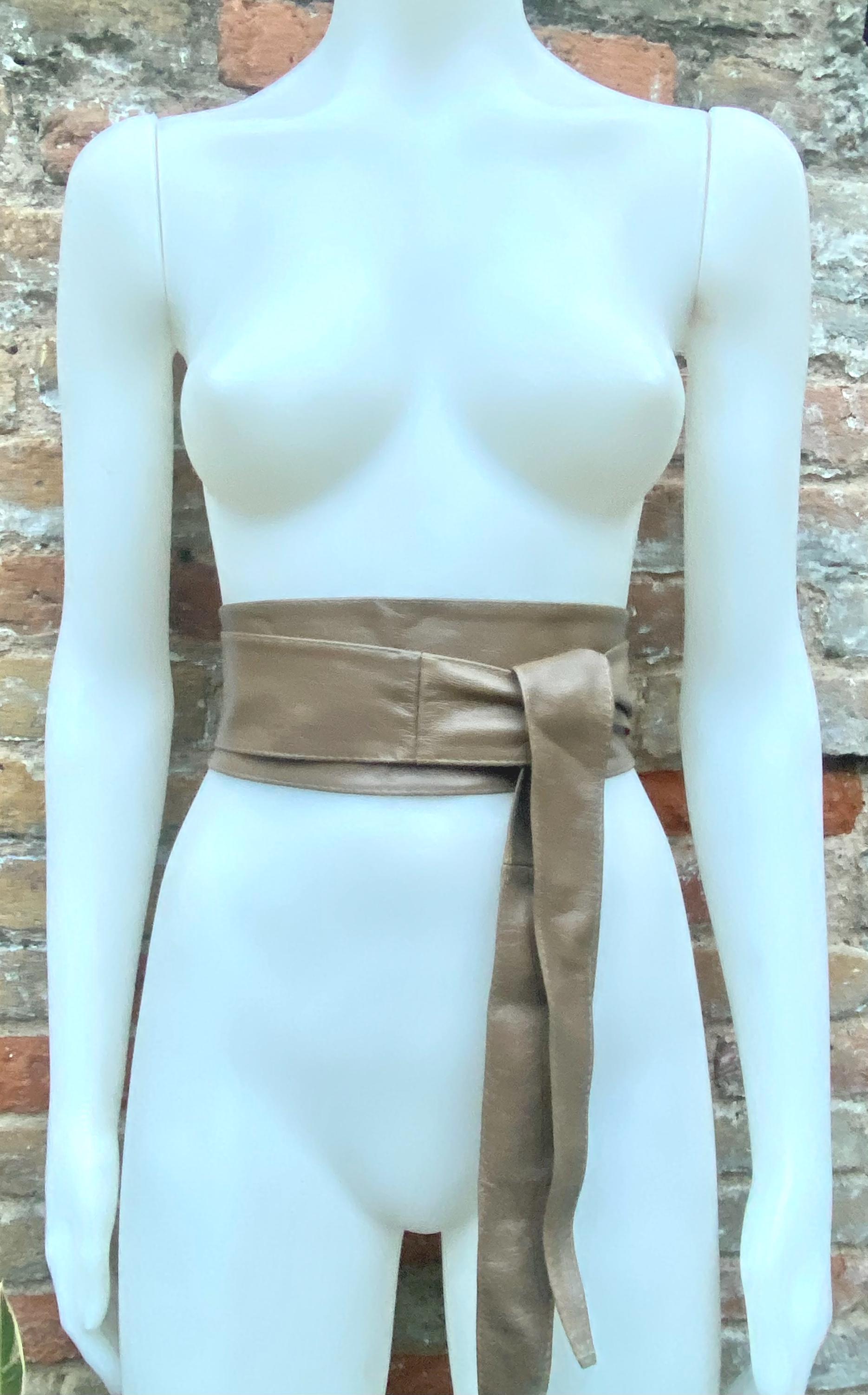 Light KHAKI brown obi belt. Wrap belt in soft genuine leather. Wraparound waist belt. Wide style. Boho wide dress belt in light taupe brown