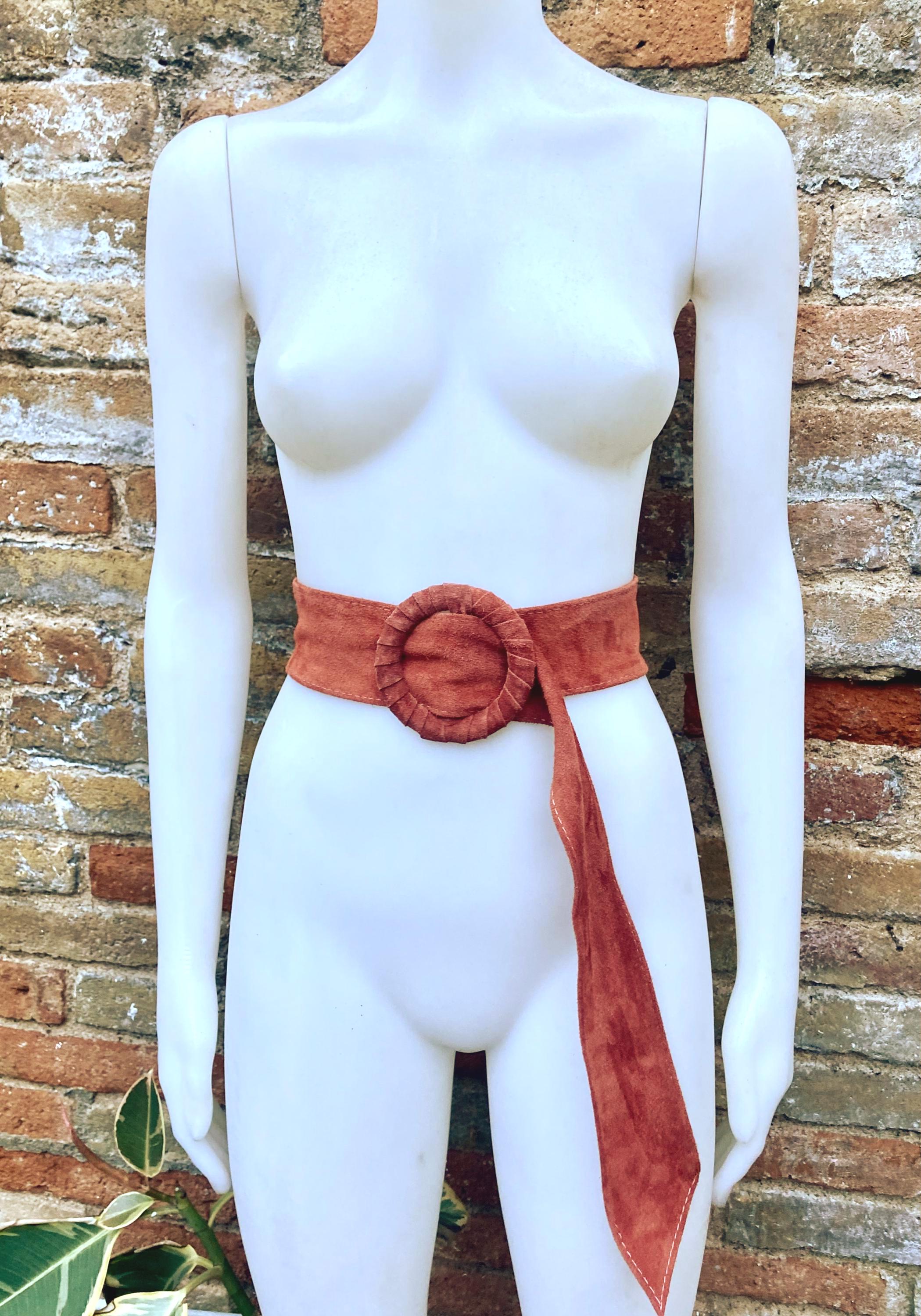 Terracotta orange wide suede waist belt. Large round buckle. Boho soft suede belt in burnt orange. Genuine suede leather. Orange dress belt