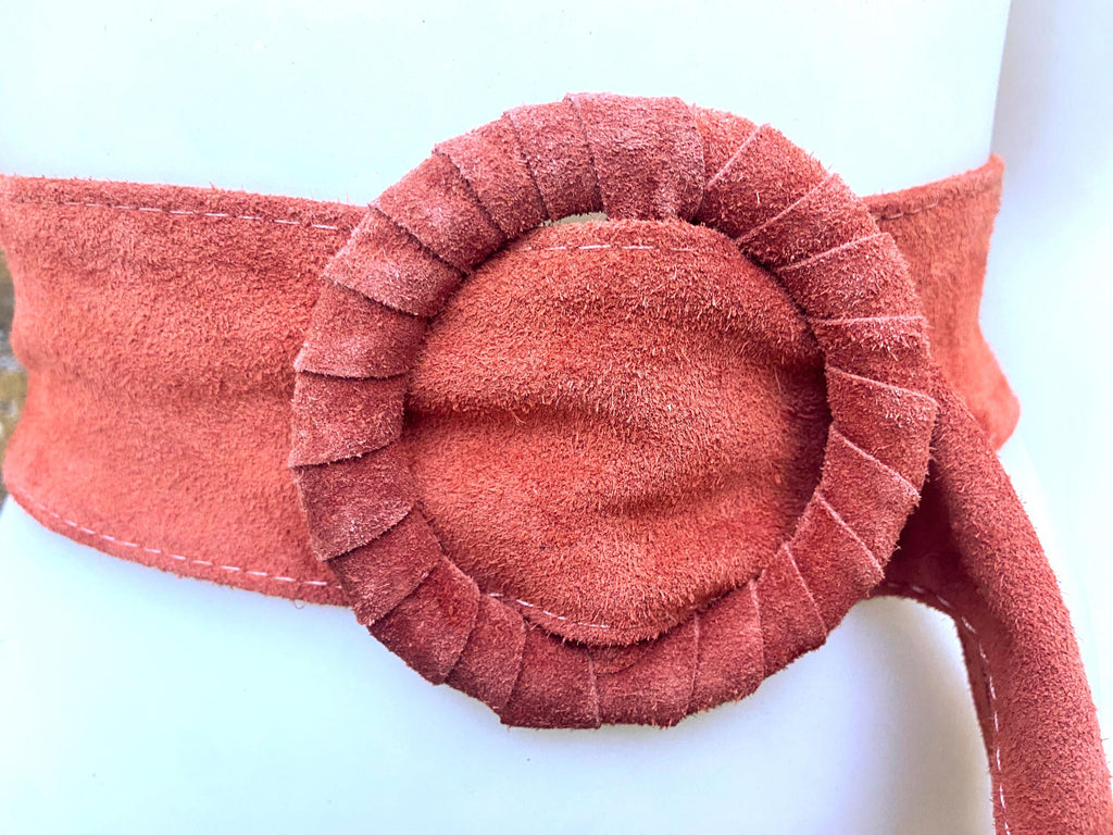 Terracotta orange wide suede waist belt. Large round buckle. Boho soft suede belt in burnt orange. Genuine suede leather. Orange dress belt