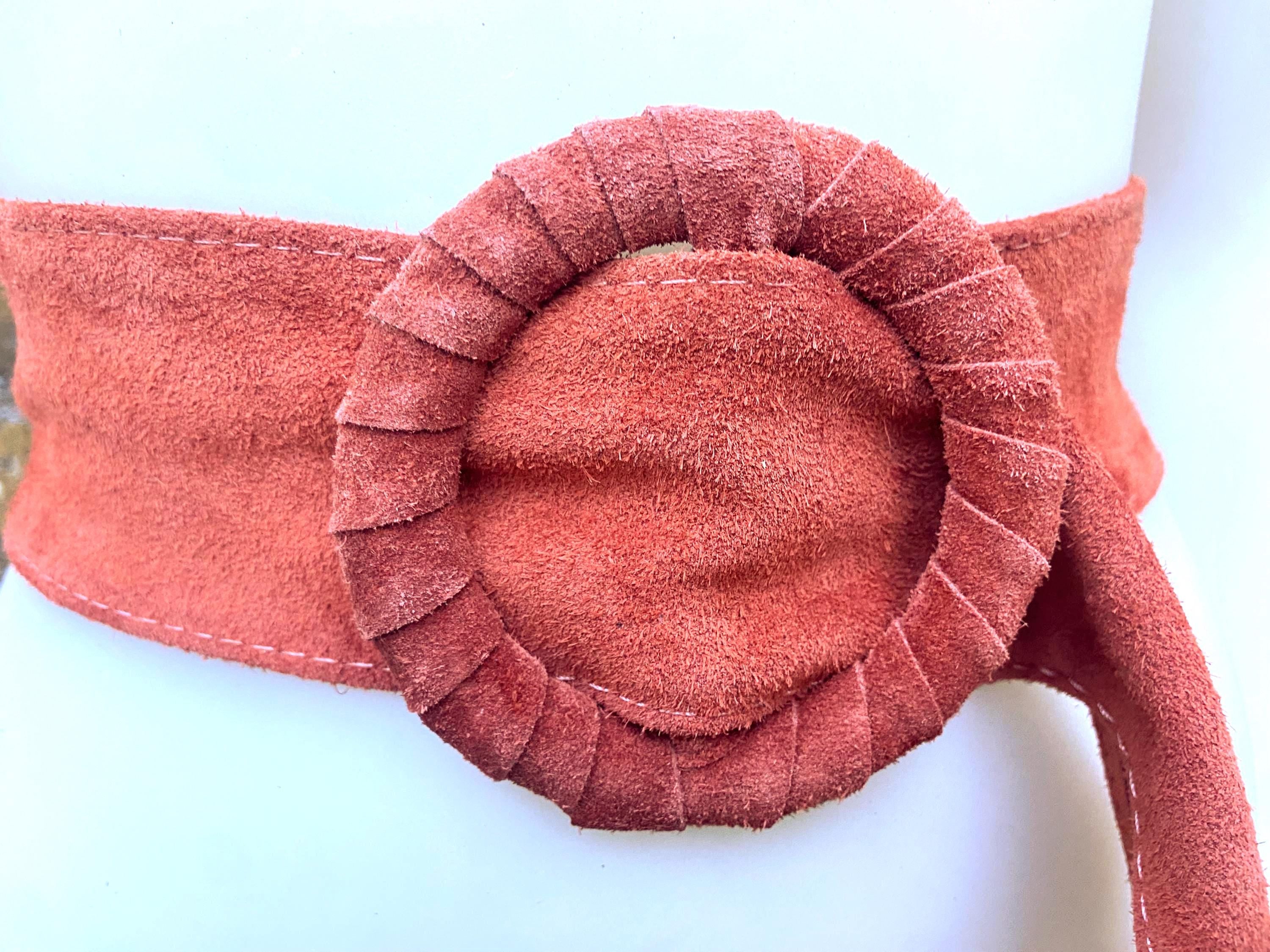 Terracotta orange wide suede waist belt. Large round buckle. Boho soft suede belt in burnt orange. Genuine suede leather. Orange dress belt