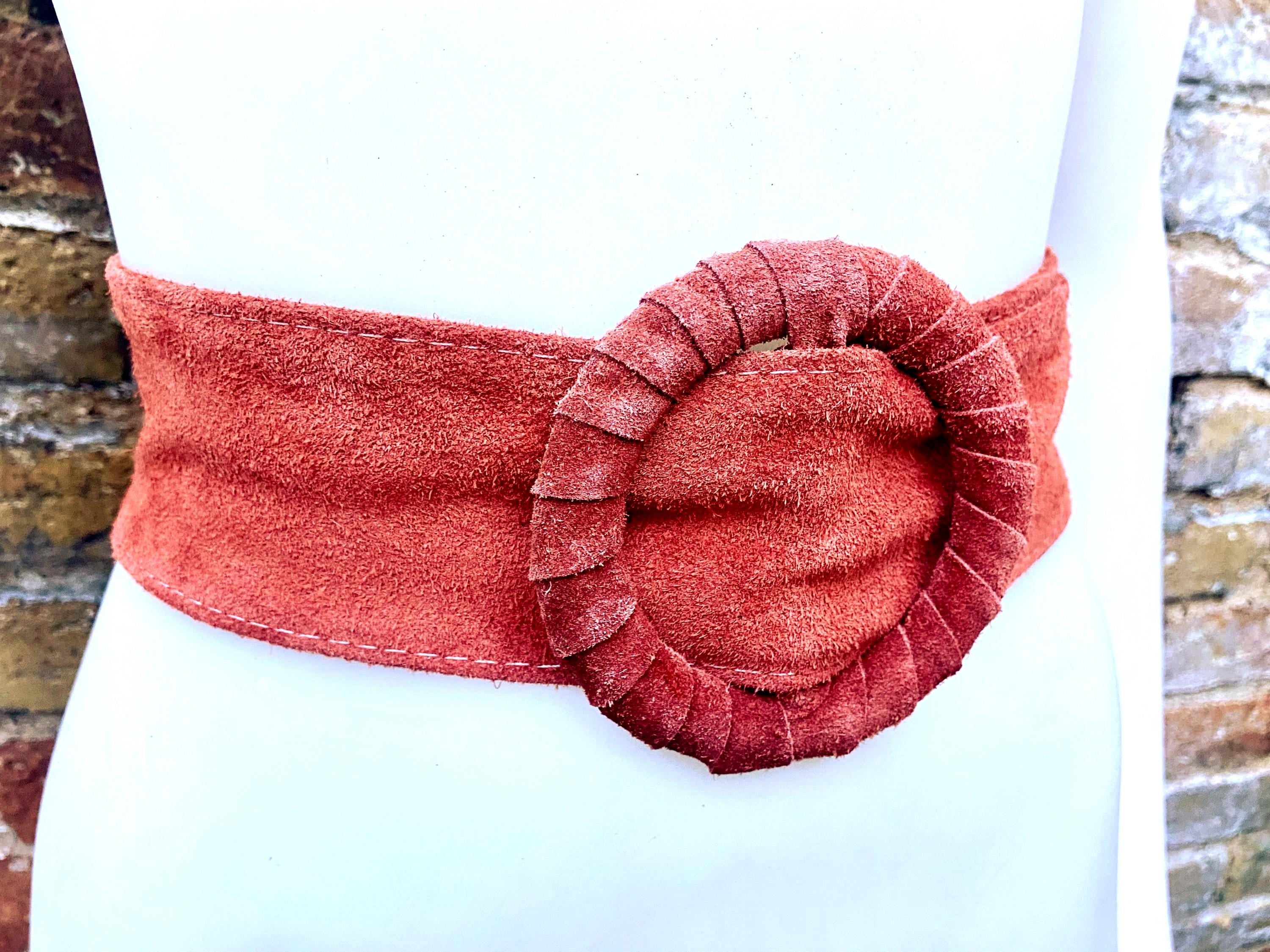 Terracotta orange wide suede waist belt. Large round buckle. Boho soft suede belt in burnt orange. Genuine suede leather. Orange dress belt