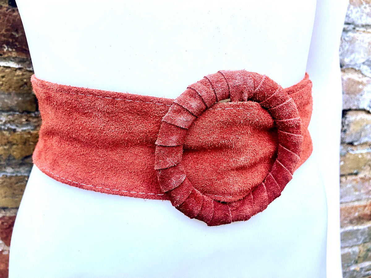 Terracotta orange wide suede waist belt. Large round buckle. Boho soft suede belt in burnt orange. Genuine suede leather. Orange dress belt