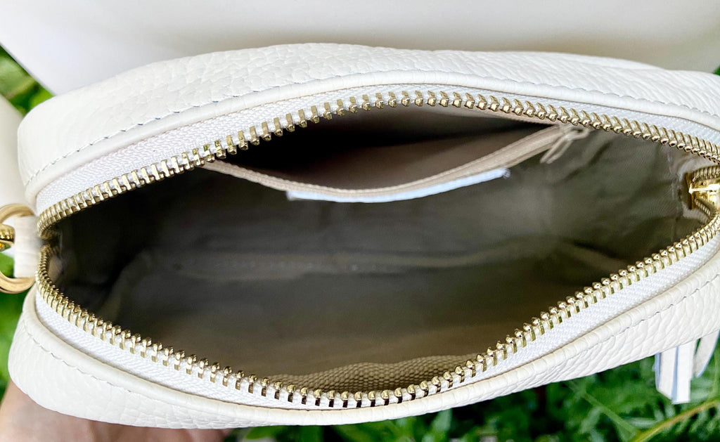 Small leather bag in white. GENUINE leather shoulder / cross body bag. White leather purse, adjustable strap + zippers.