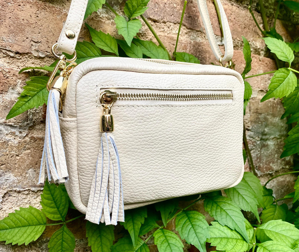 Small leather bag in white. GENUINE leather shoulder / cross body bag. White leather purse, adjustable strap + zippers.