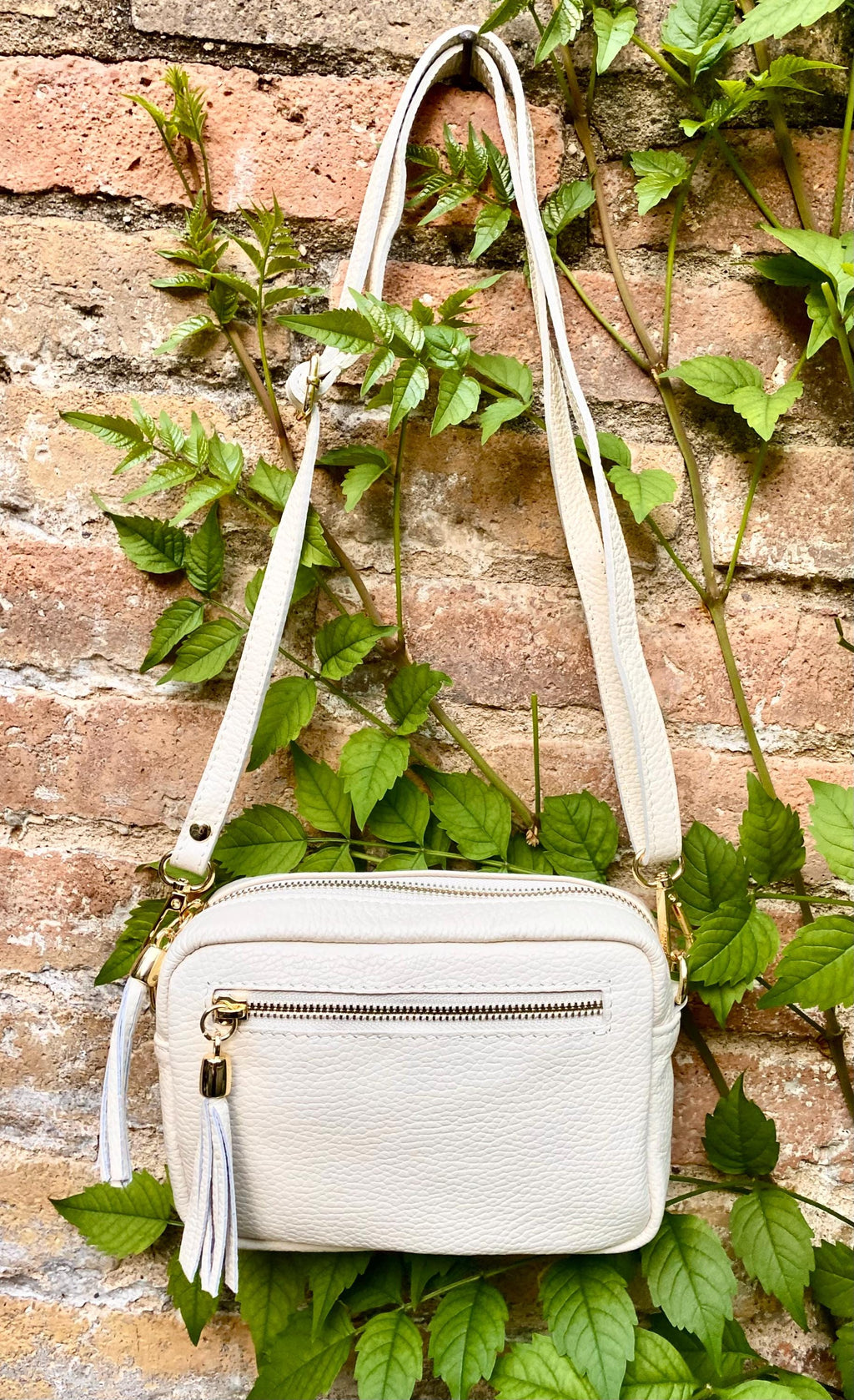 Small leather bag in white. GENUINE leather shoulder / cross body bag. White leather purse, adjustable strap + zippers.