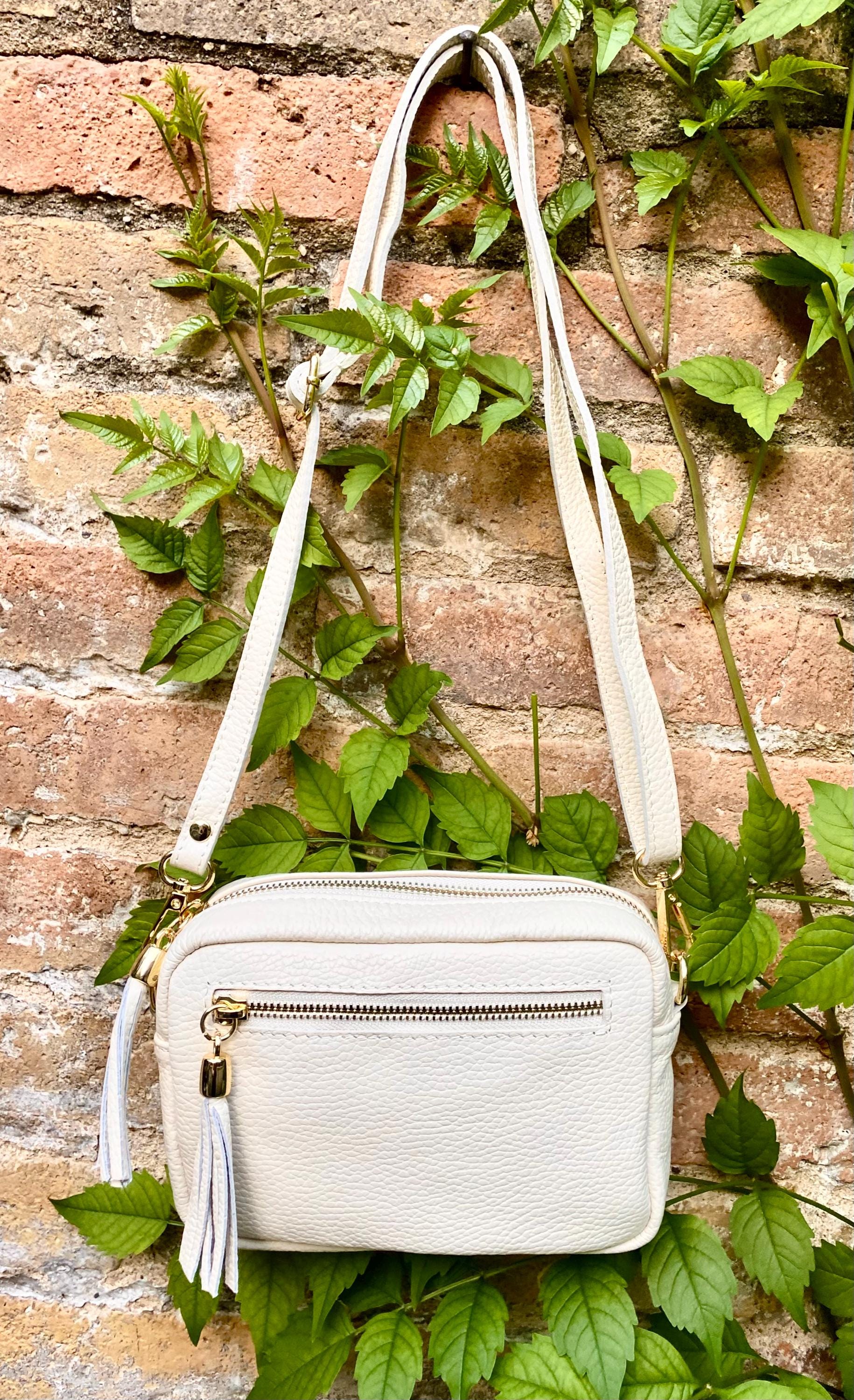 Small leather bag in white. GENUINE leather shoulder / cross body bag. White leather purse, adjustable strap + zippers.