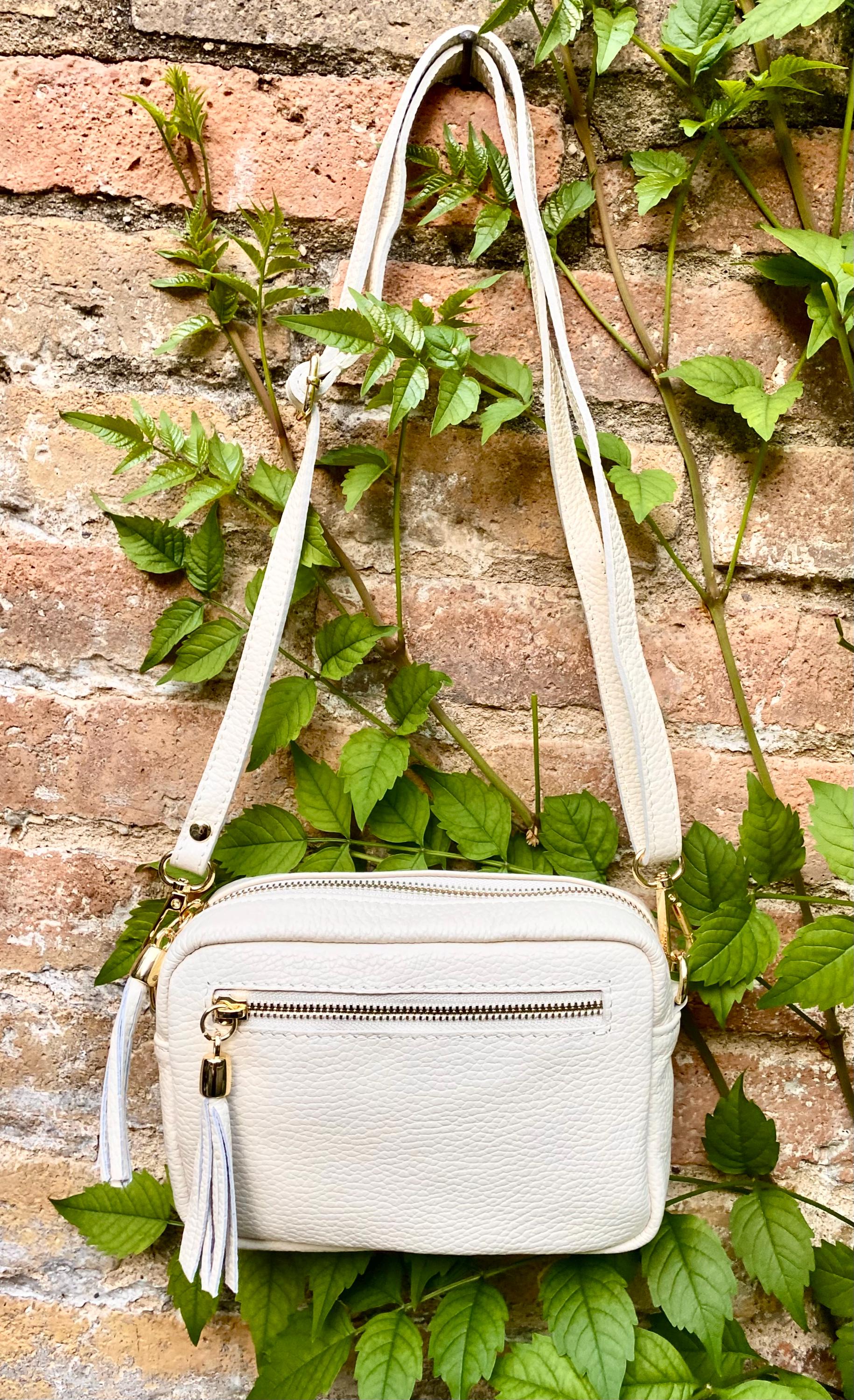 Small leather bag in white. GENUINE leather shoulder / cross body bag. White leather purse, adjustable strap + zippers.