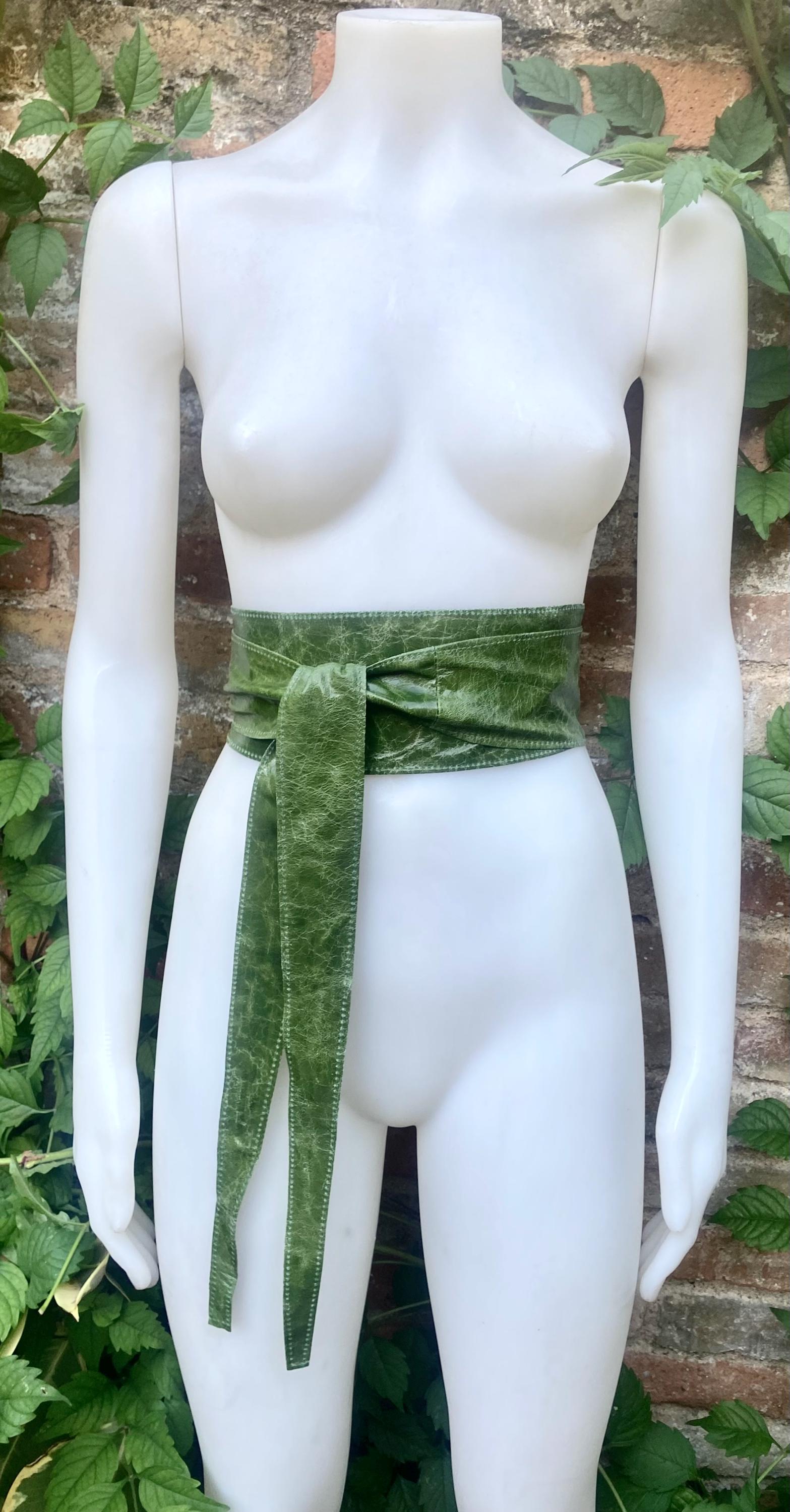 Moss green obi belt. Wrap belt in soft genuine leather. Wraparound wide waist belt. Boho dress belt in distressed glossy green leather.