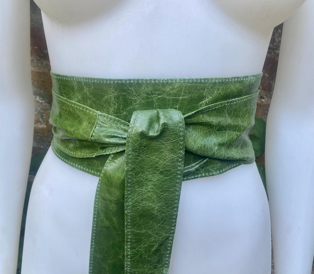 Moss green obi belt. Wrap belt in soft genuine leather. Wraparound wide waist belt. Boho dress belt in distressed glossy green leather.