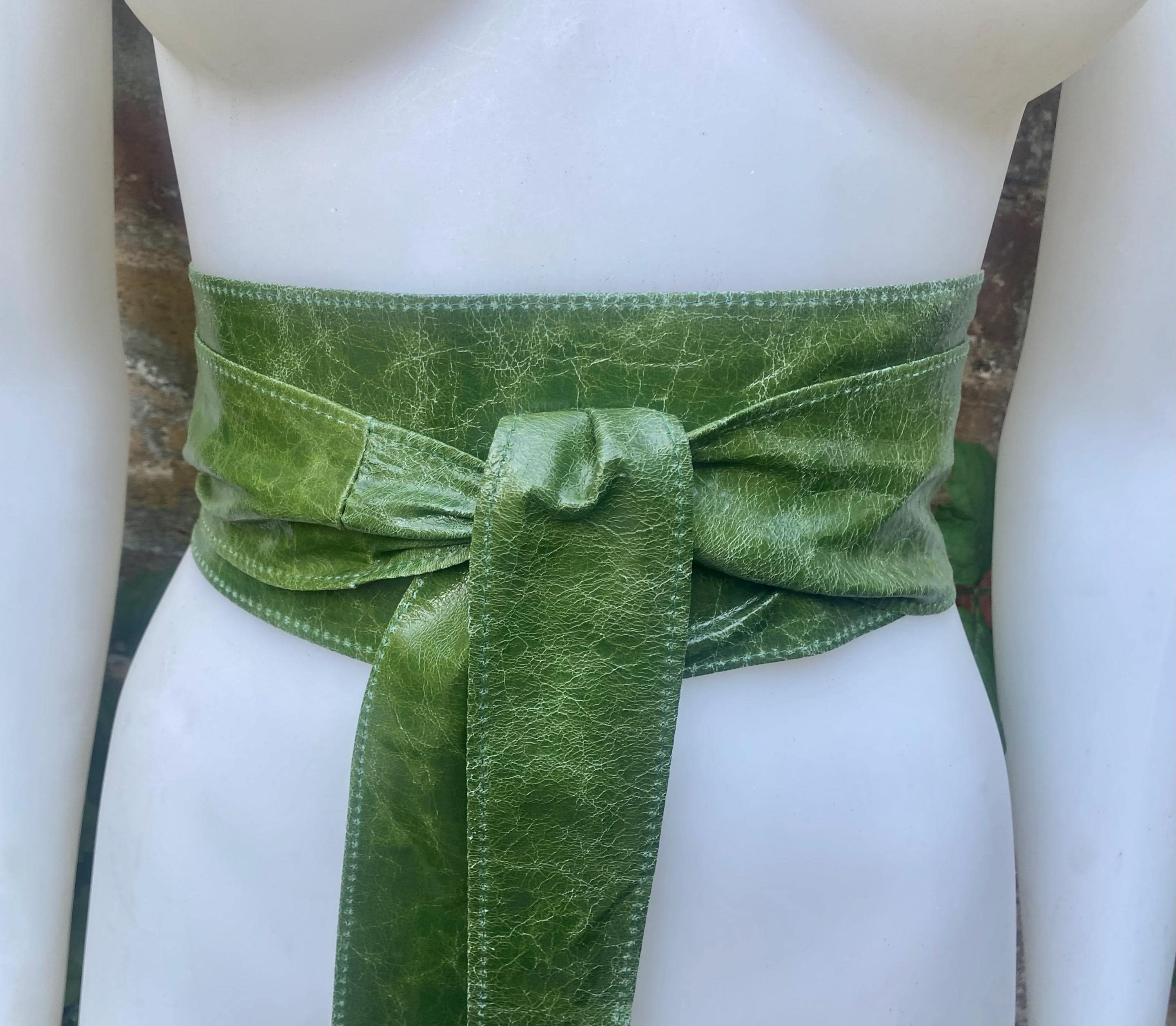 Moss green obi belt. Wrap belt in soft genuine leather. Wraparound wide waist belt. Boho dress belt in distressed glossy green leather.