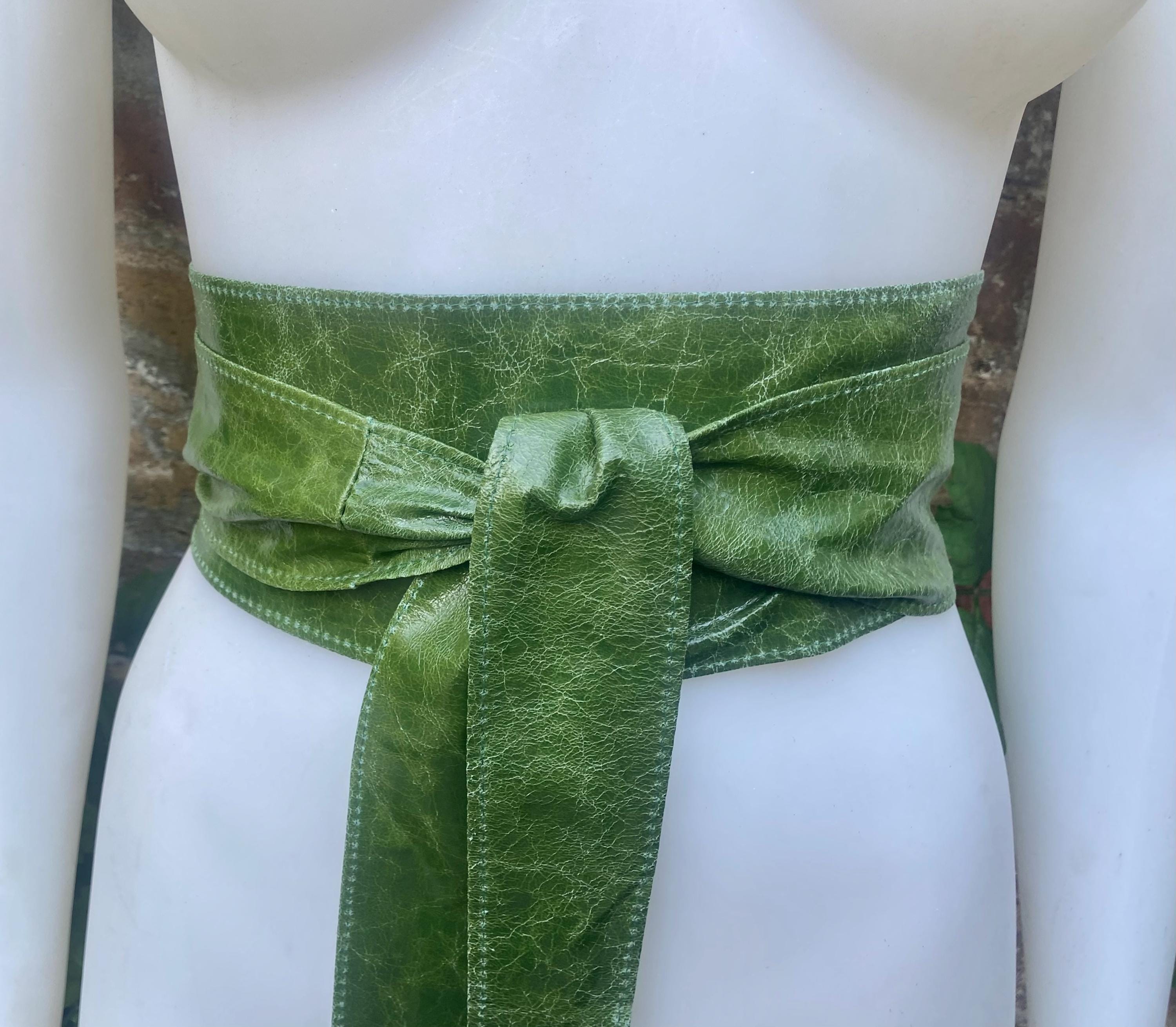 Moss green obi belt. Wrap belt in soft genuine leather. Wraparound wide waist belt. Boho dress belt in distressed glossy green leather.
