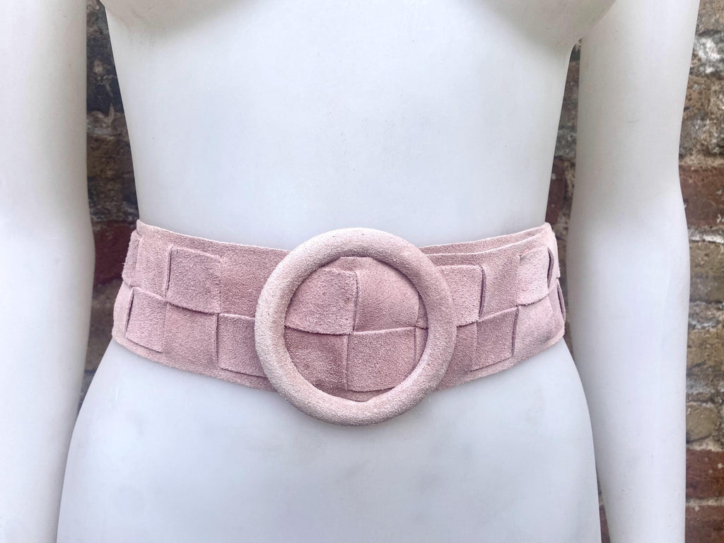 Light pink suede waist belt with large round buckle. Boho braided suede belt in a soft pink shade. Genuine natural pink suede leather