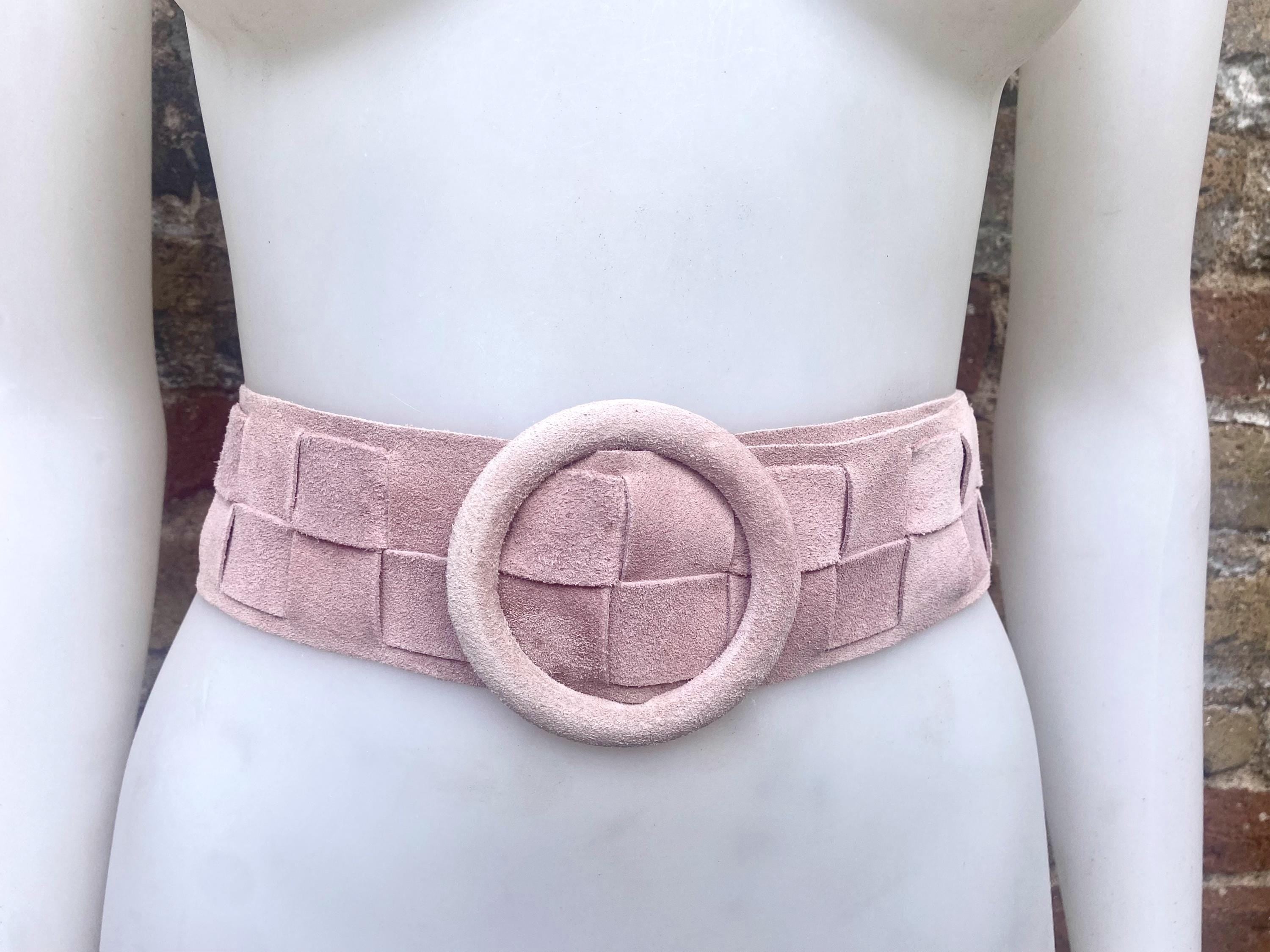 Light pink suede waist belt with large round buckle. Boho braided suede belt in a soft pink shade. Genuine natural pink suede leather