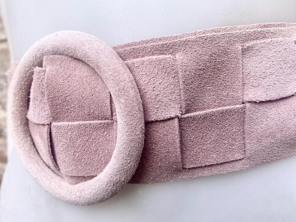 Light pink suede waist belt with large round buckle. Boho braided suede belt in a soft pink shade. Genuine natural pink suede leather